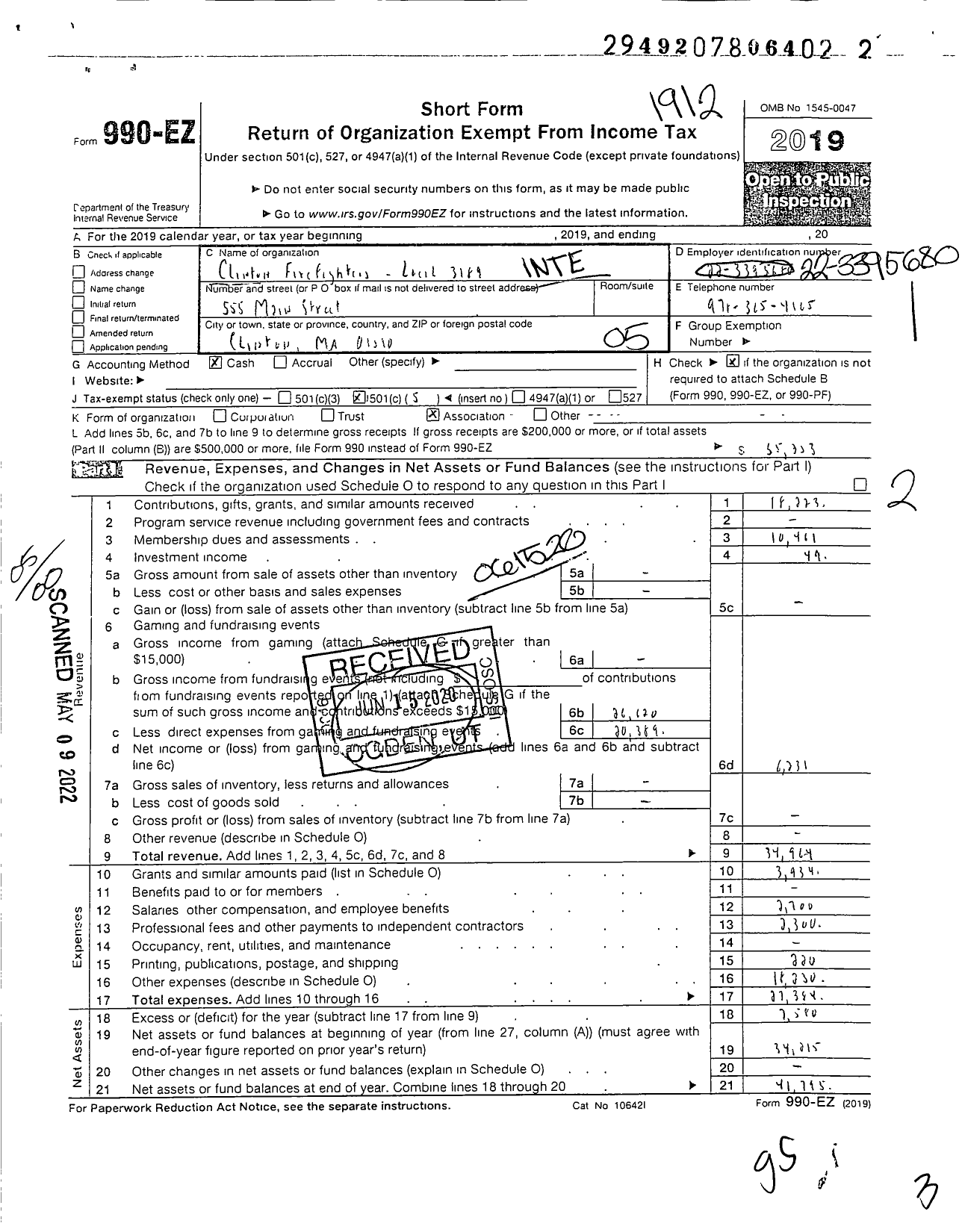 Image of first page of 2019 Form 990EO for International Association of Fire Fighters - L3189 Clinton