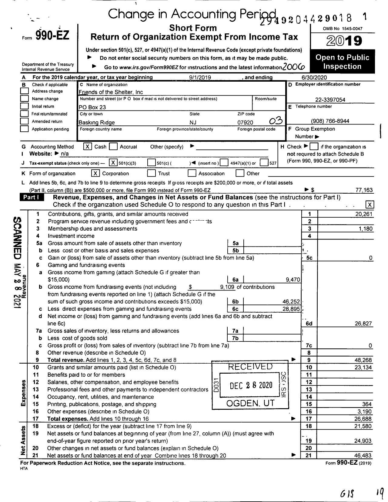 Image of first page of 2019 Form 990EZ for Friends of the Shelter