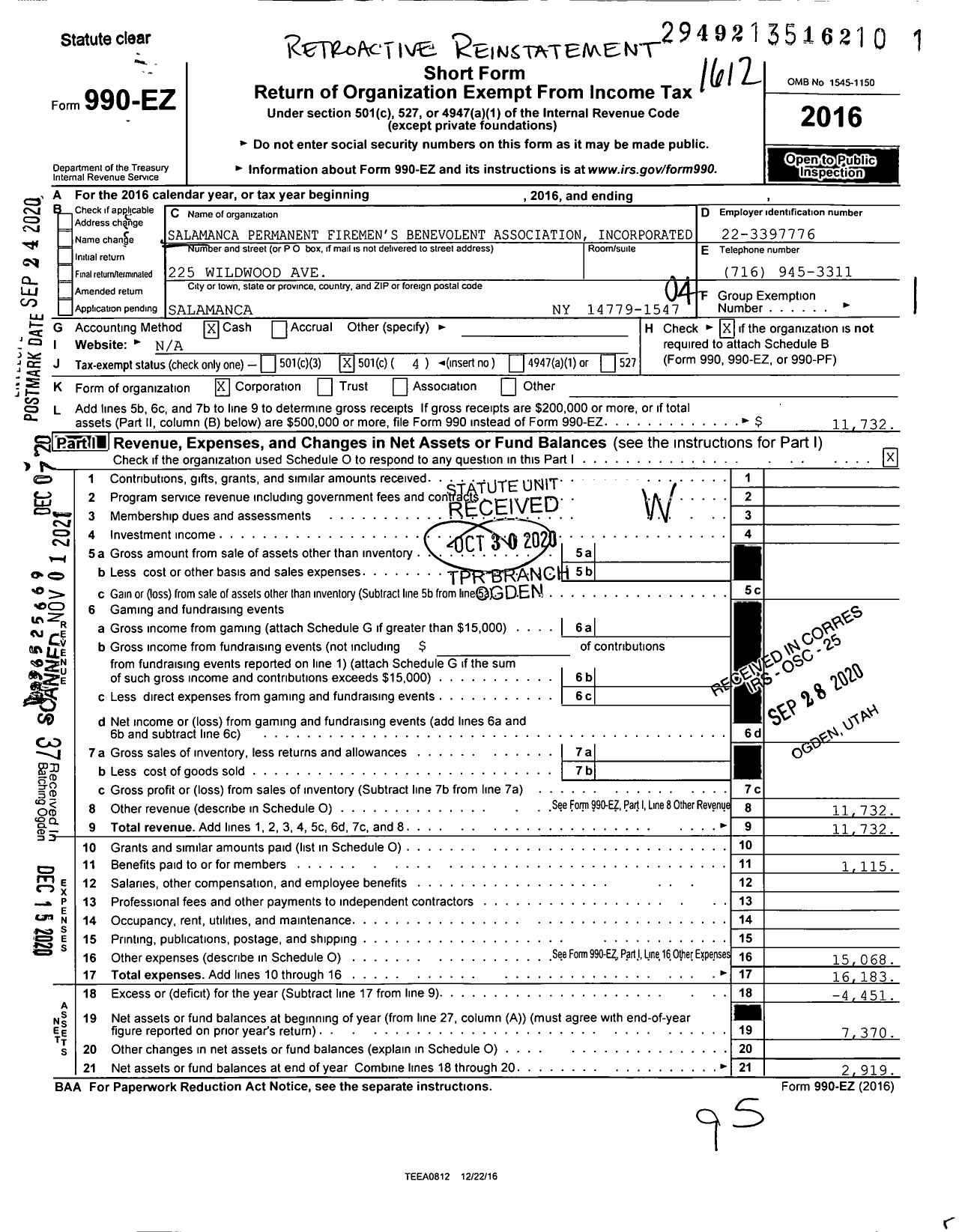 Image of first page of 2016 Form 990EO for Salamanca Permanent Firemen's Benevolent Association Incorporated