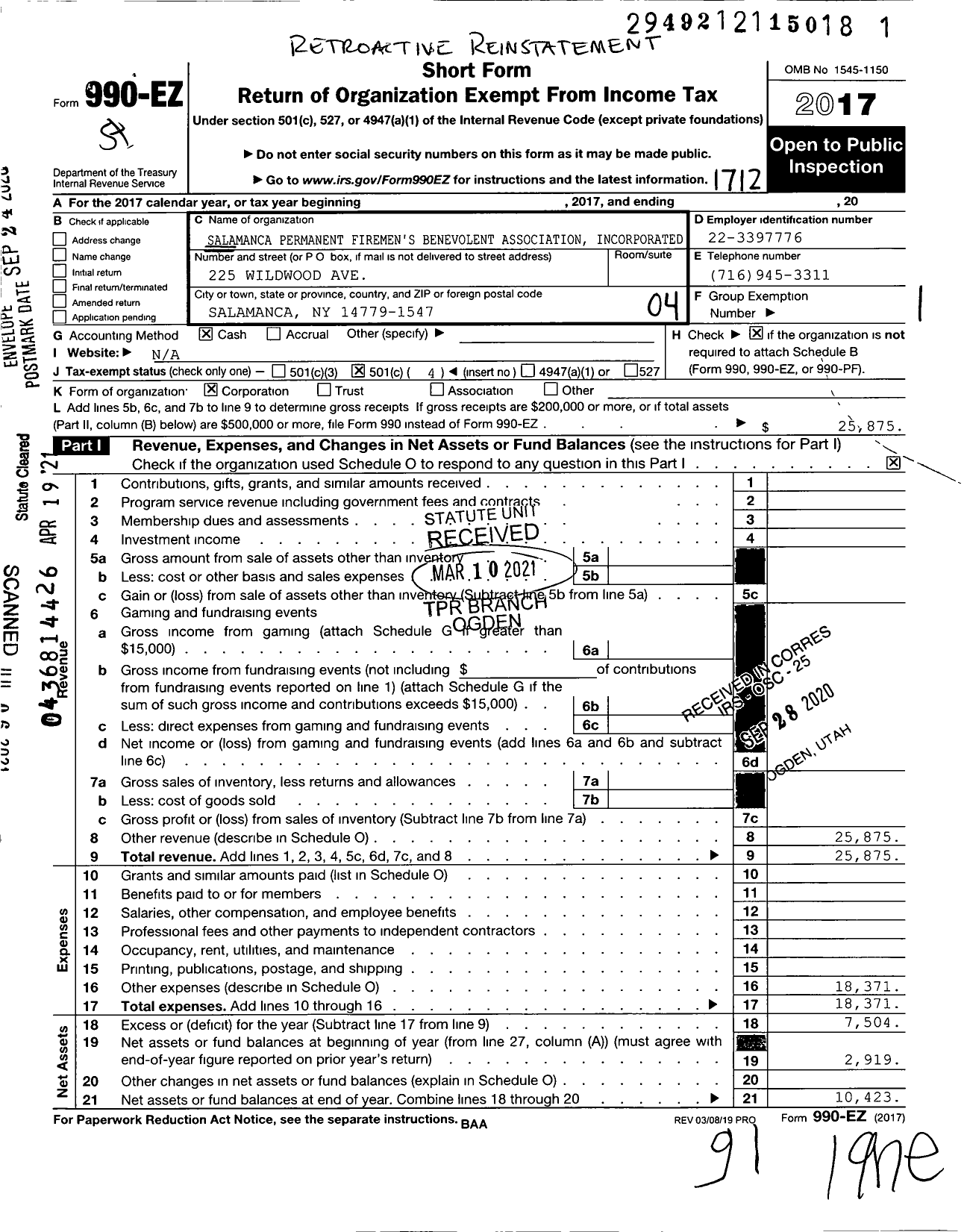 Image of first page of 2017 Form 990EO for Salamanca Permanent Firemen's Benevolent Association Incorporated