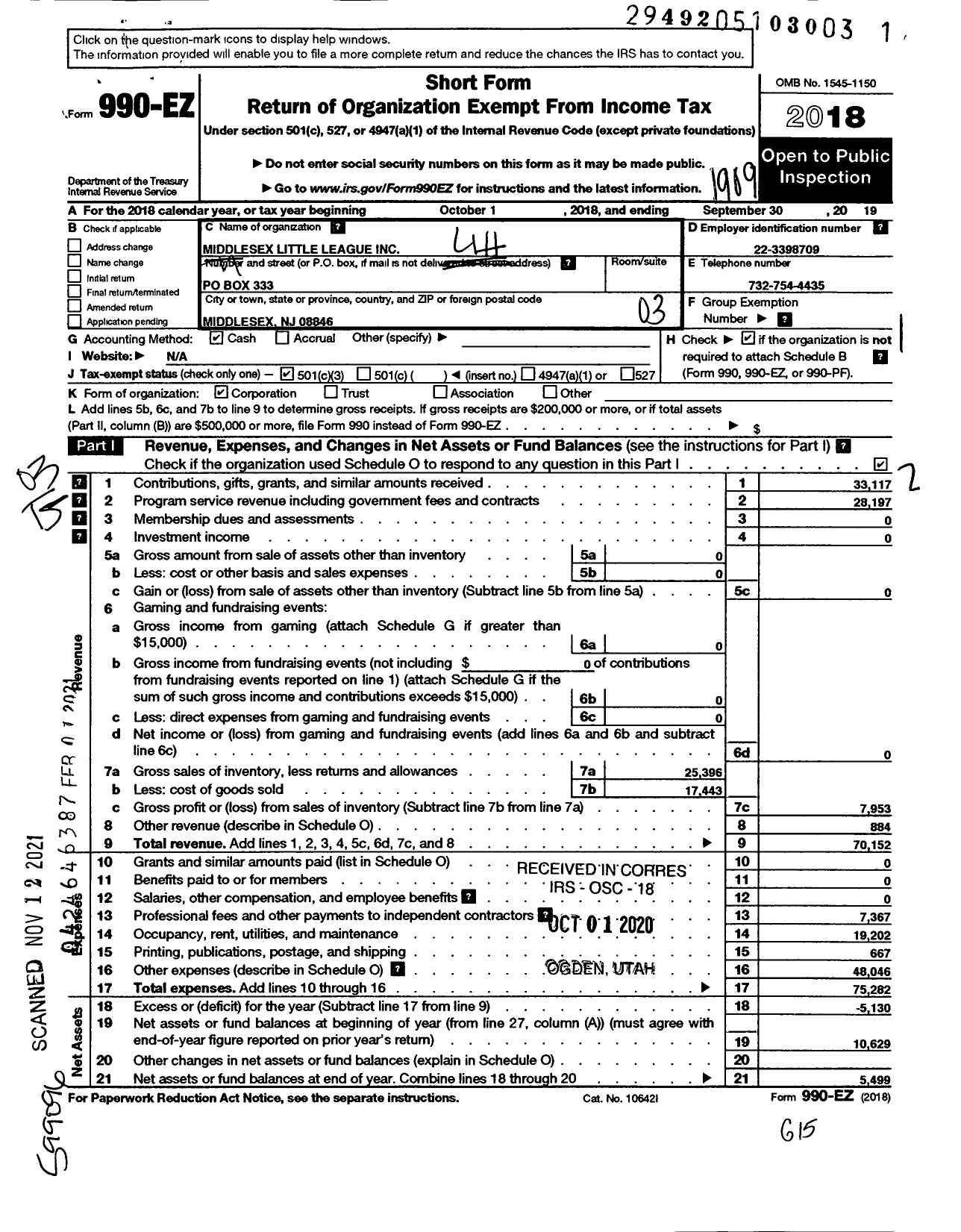 Image of first page of 2018 Form 990EZ for LITTLE League BASEBALL - 2301707 Middlesex LL