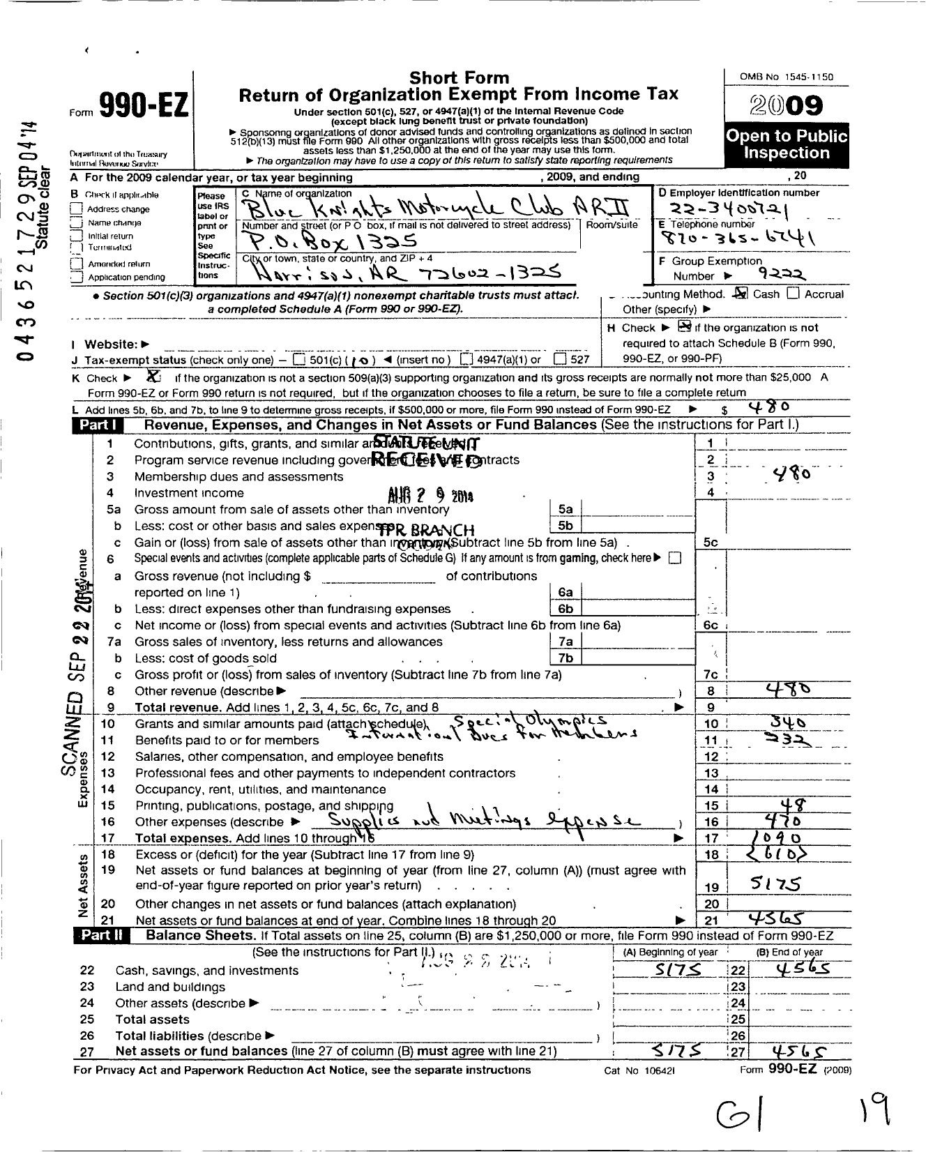 Image of first page of 2009 Form 990EO for Blue Knights Motorcycle Club / Ar Ii