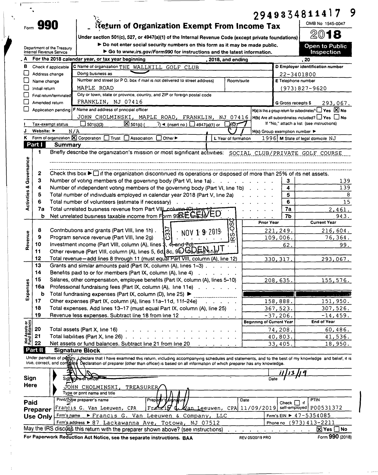 Image of first page of 2018 Form 990O for The Wallkill Golf Club