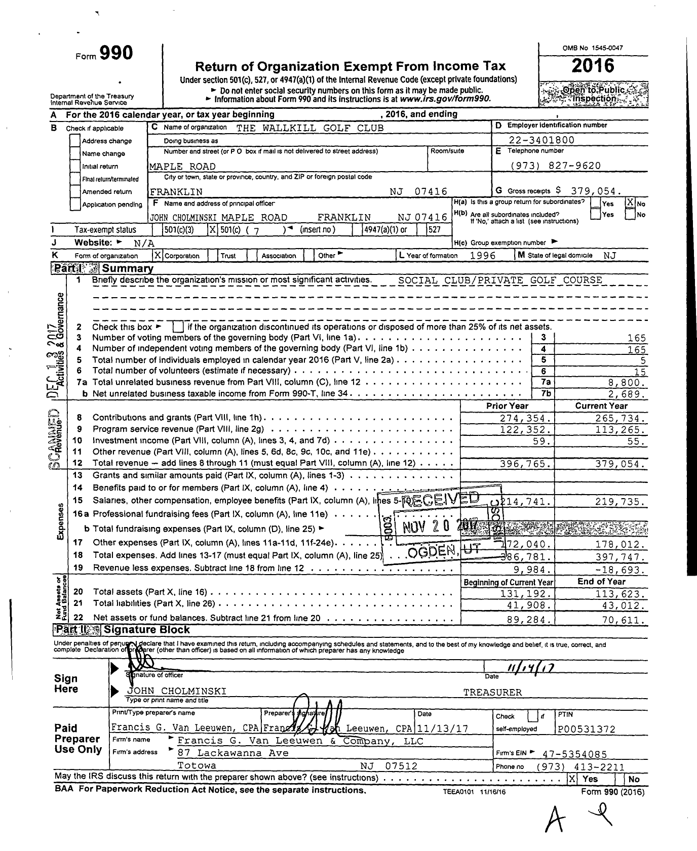 Image of first page of 2016 Form 990O for The Wallkill Golf Club