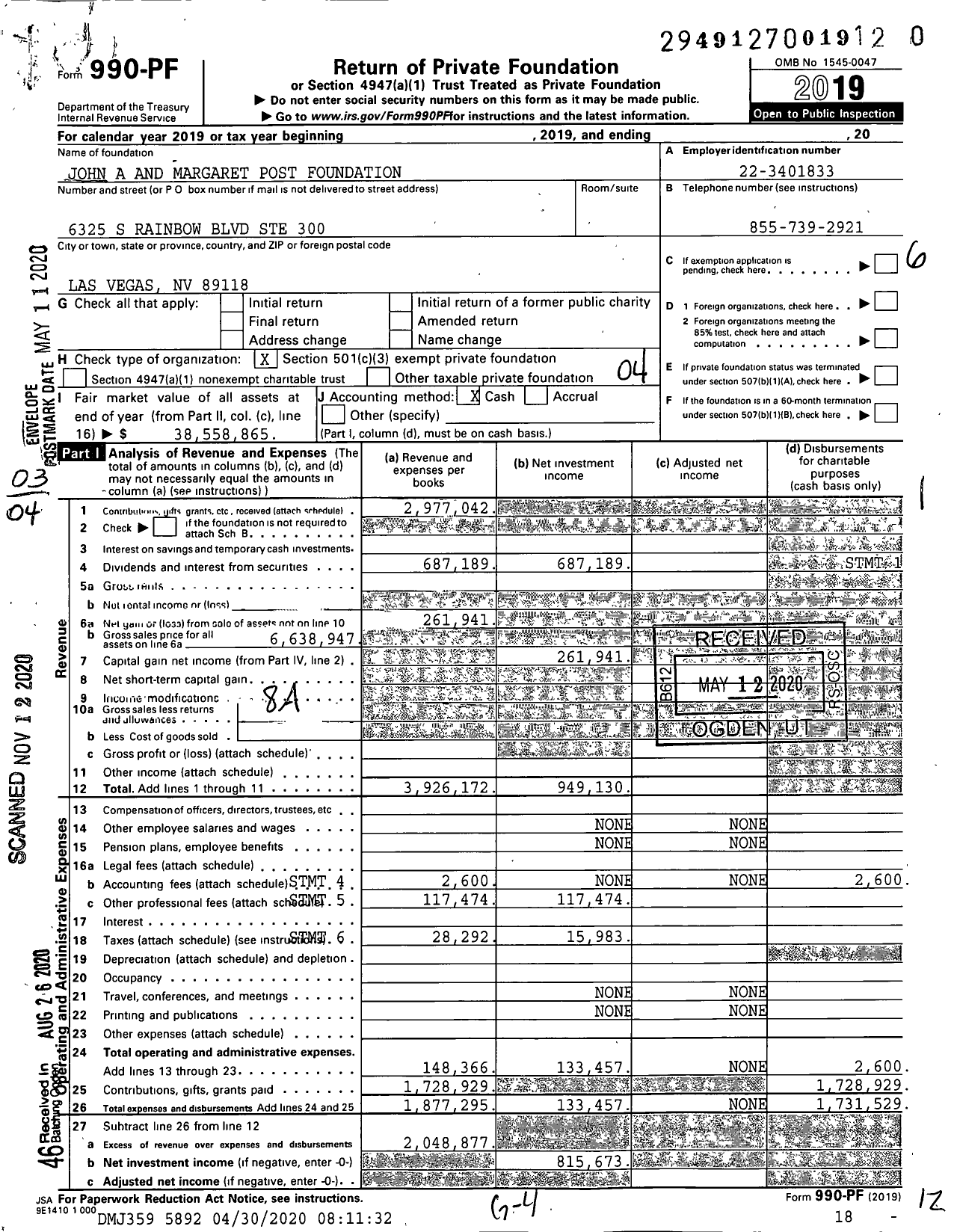 Image of first page of 2019 Form 990PF for John A and Margaret Post Foundation