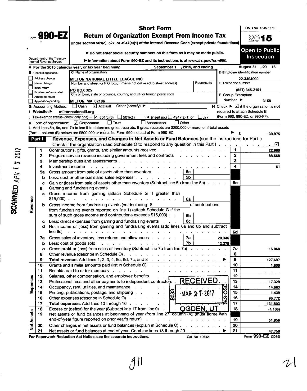 Image of first page of 2015 Form 990EZ for Little League Baseball - 2210811 Milton National LL