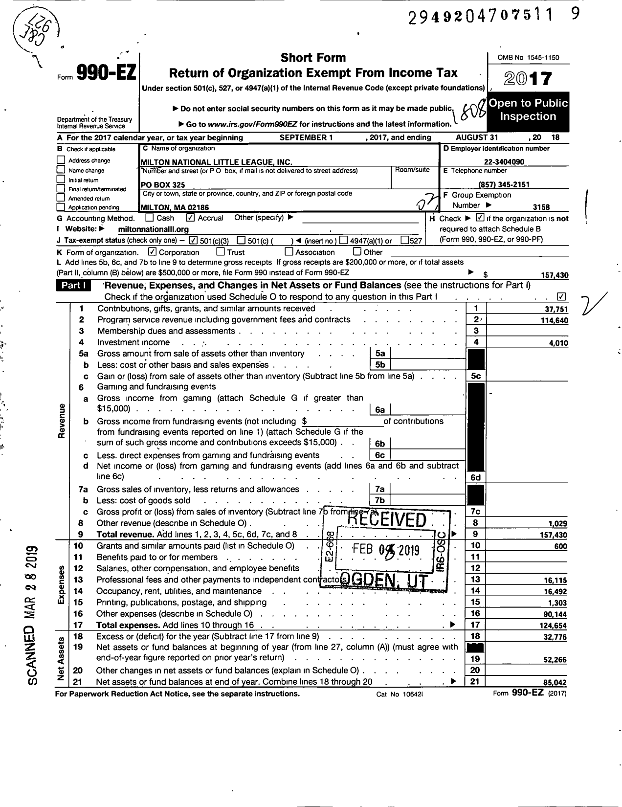 Image of first page of 2017 Form 990EZ for Little League Baseball - 2210811 Milton National LL