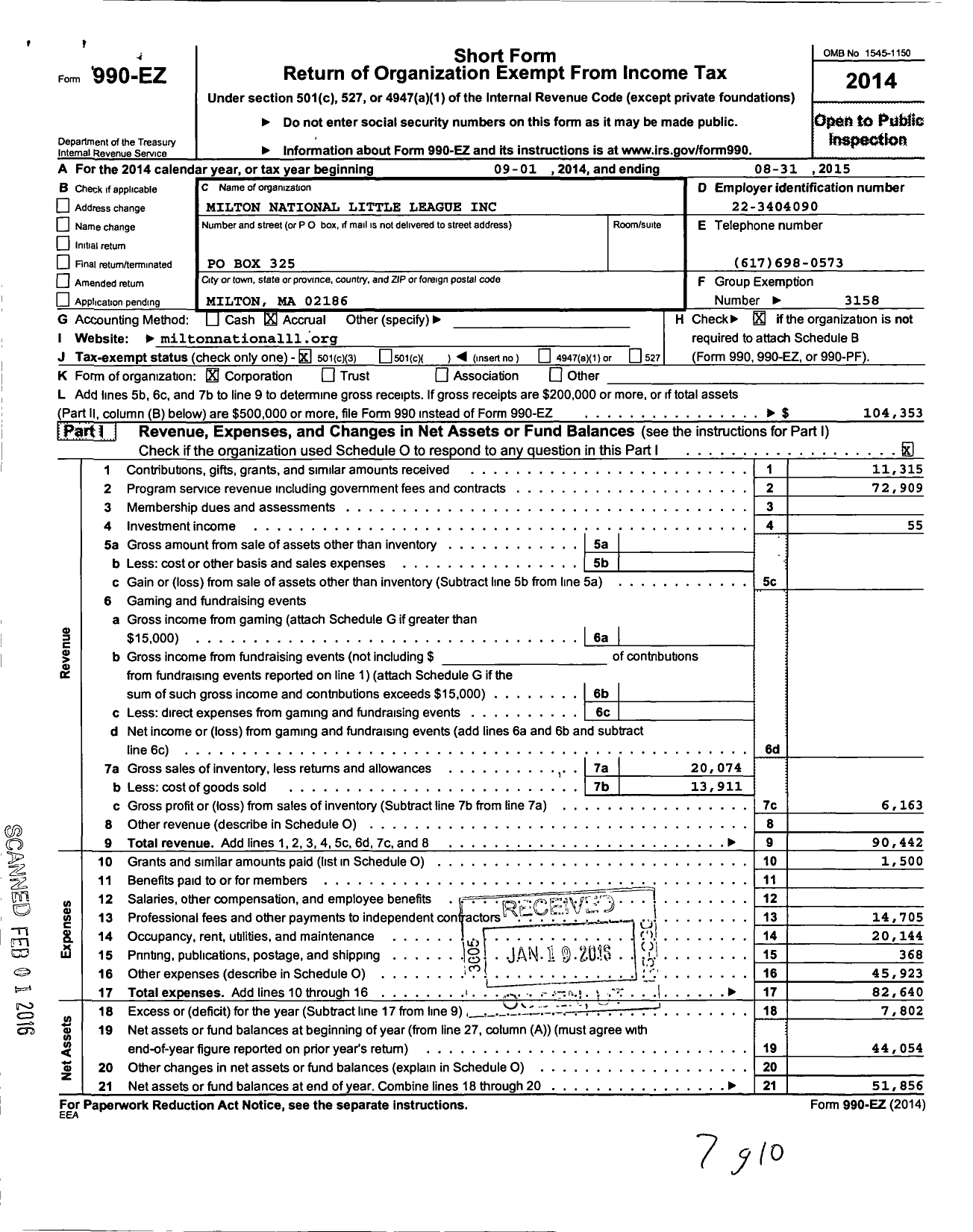 Image of first page of 2014 Form 990EZ for Little League Baseball - 2210811 Milton National LL