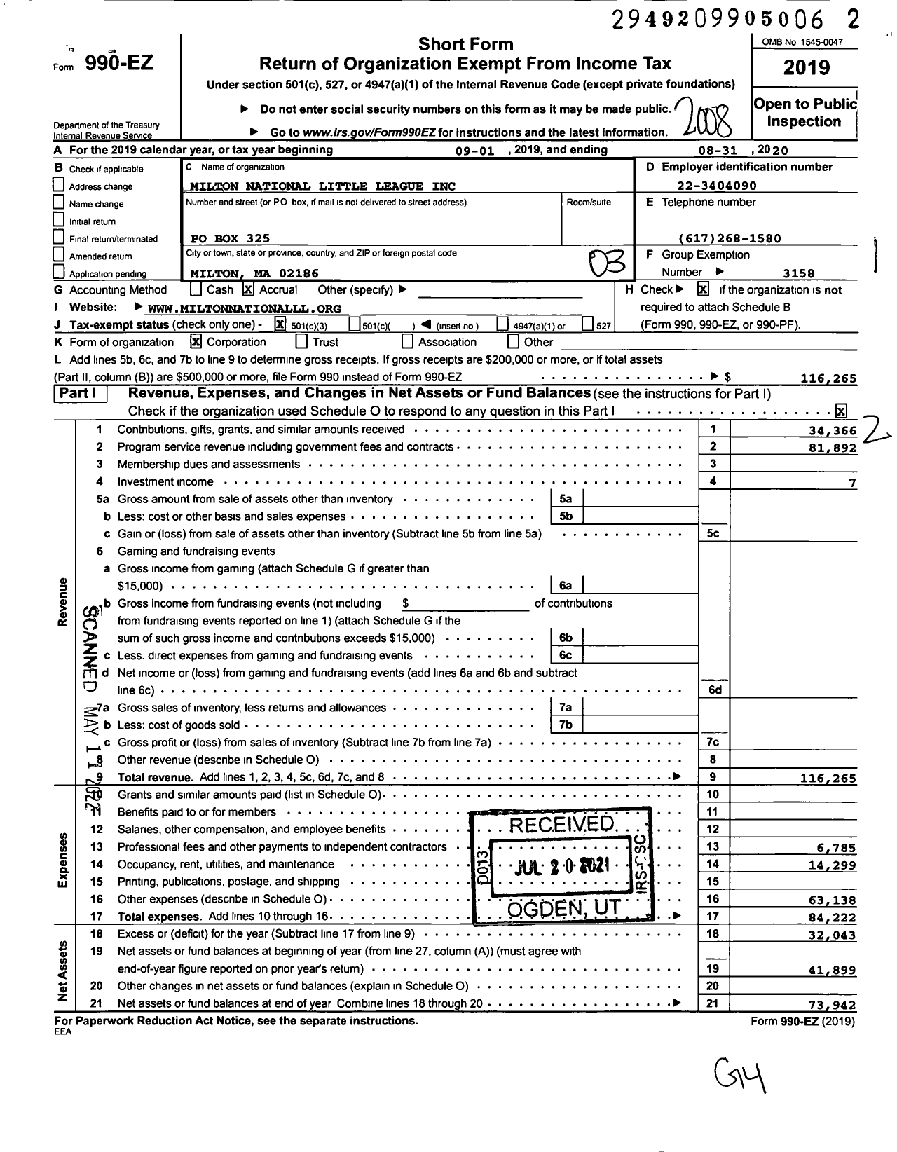 Image of first page of 2019 Form 990EZ for Little League Baseball - 2210811 Milton National LL