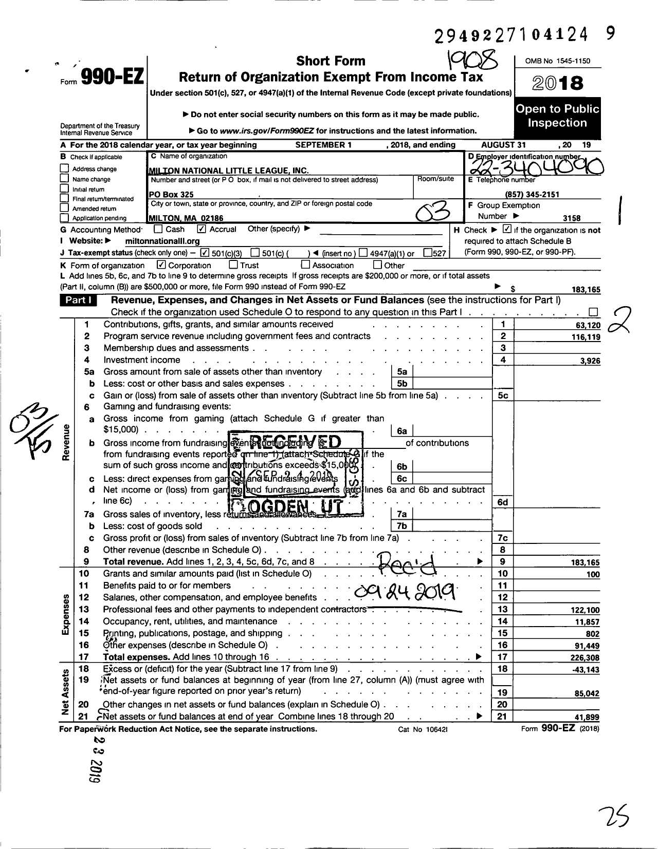 Image of first page of 2018 Form 990EZ for Little League Baseball - 2210811 Milton National LL