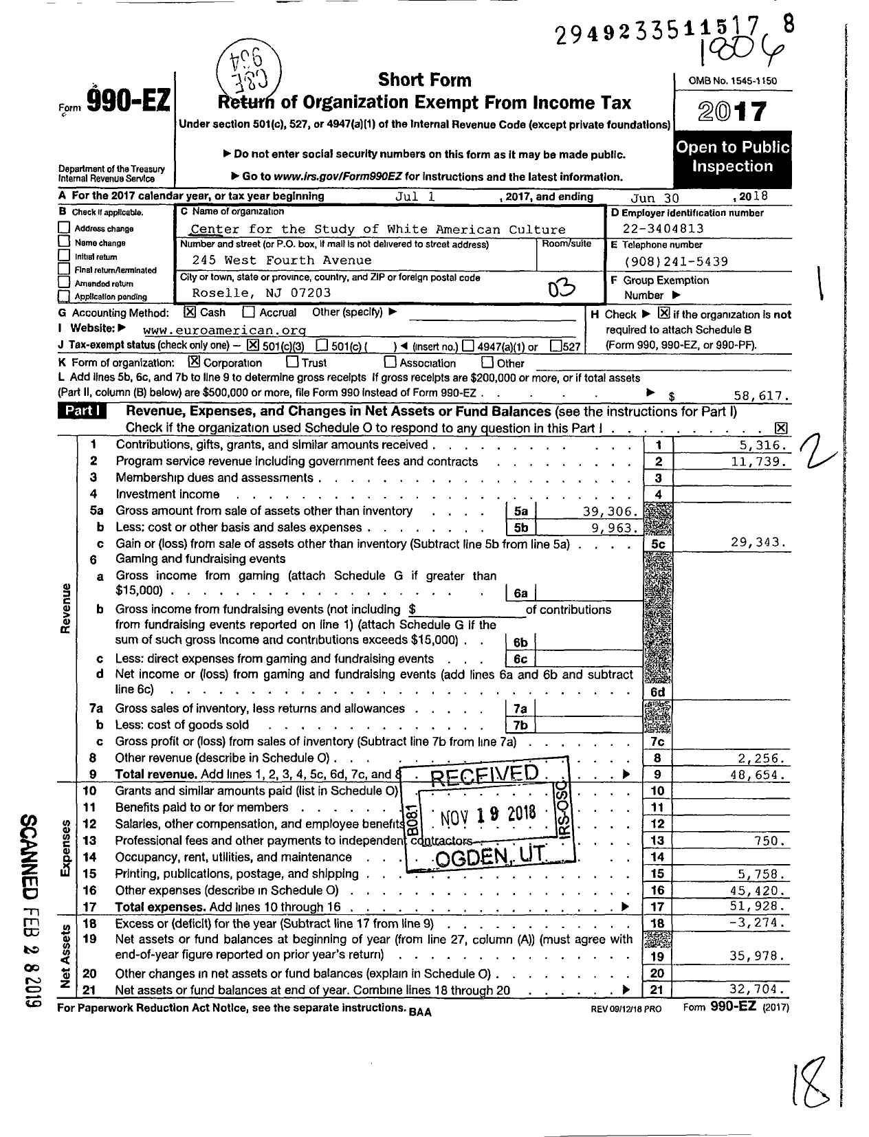 Image of first page of 2017 Form 990EZ for Center for the Study of White American