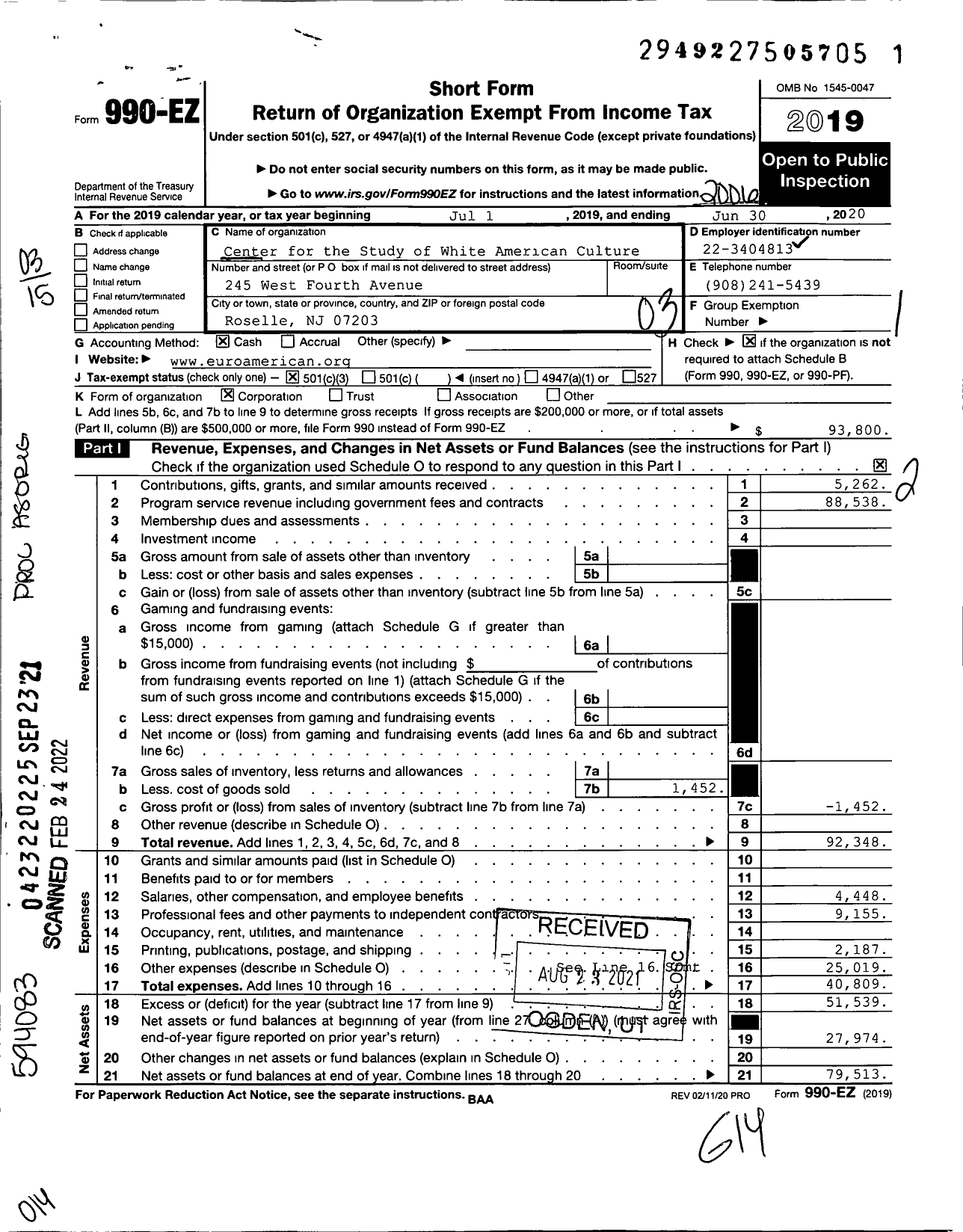 Image of first page of 2019 Form 990EZ for Center for the Study of White American