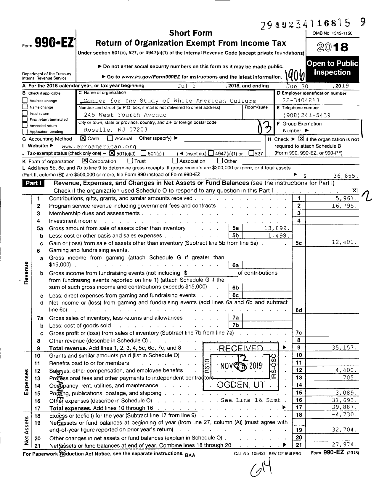 Image of first page of 2018 Form 990EZ for Center for the Study of White American Culture