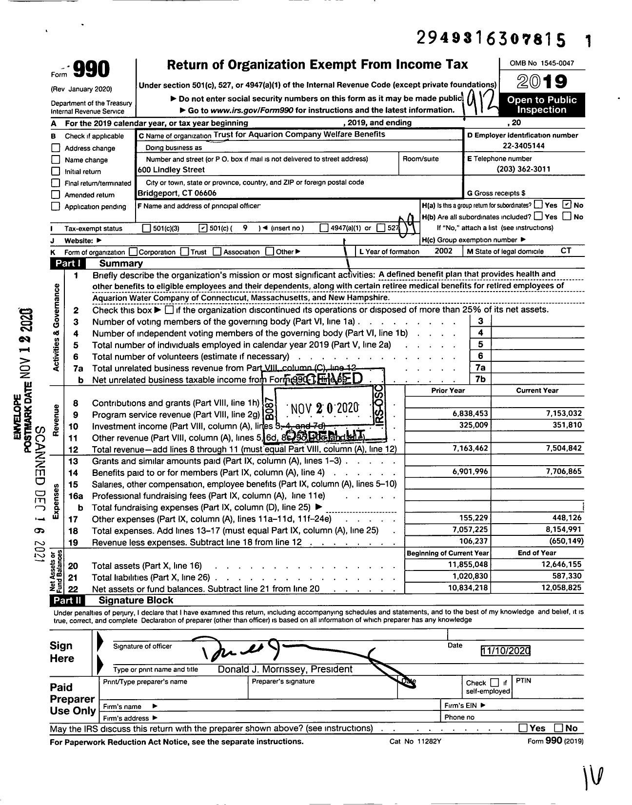 Image of first page of 2019 Form 990O for Trust for Aquarion Welfare Benefits