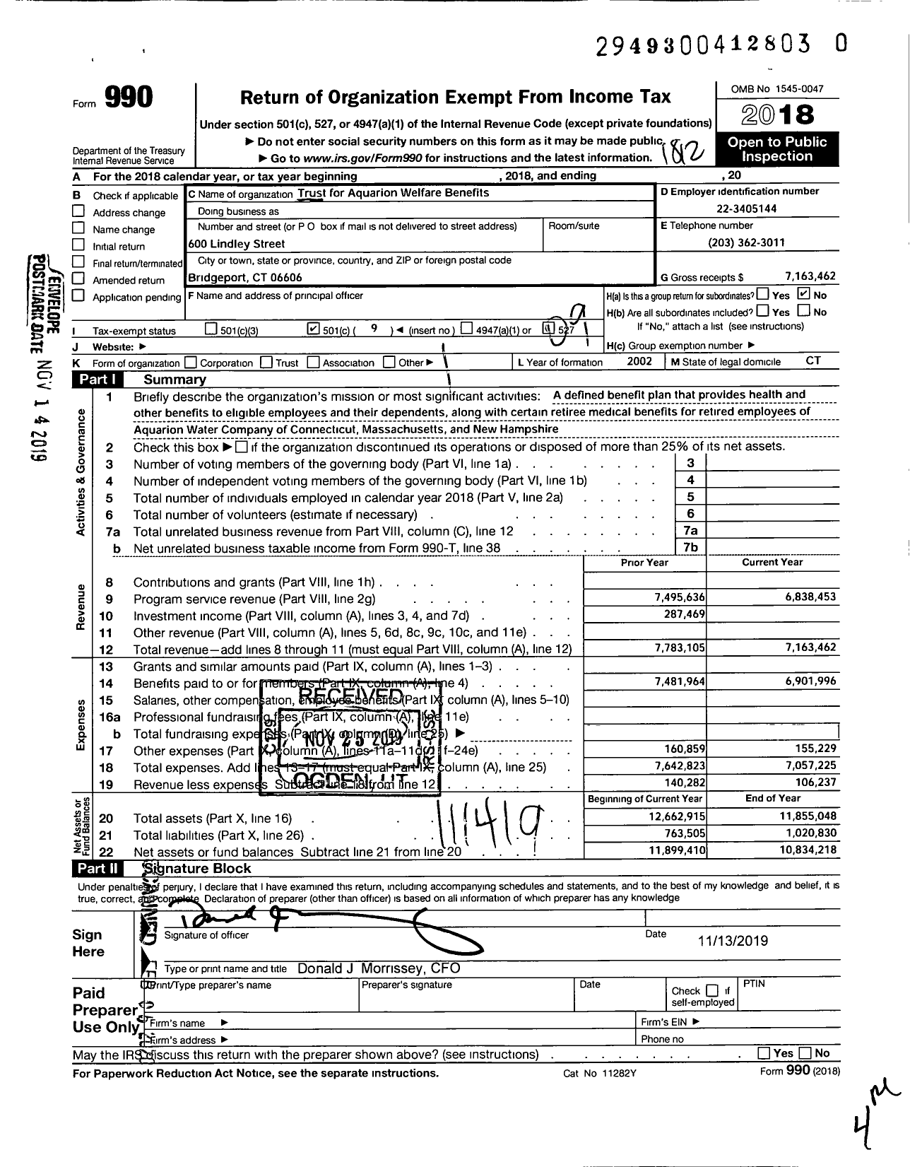 Image of first page of 2018 Form 990O for Trust for Aquarion Welfare Benefits