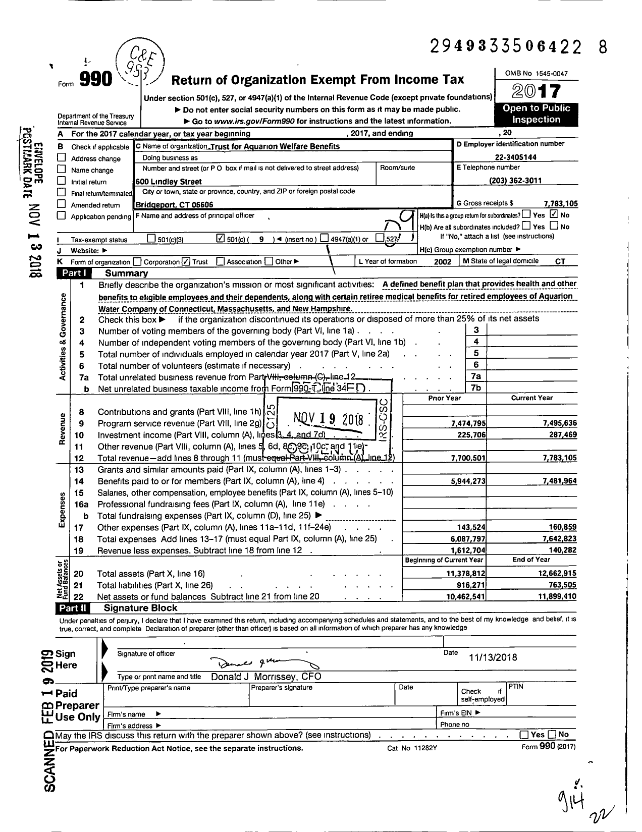 Image of first page of 2017 Form 990O for Trust for Aquarion Welfare Benefits