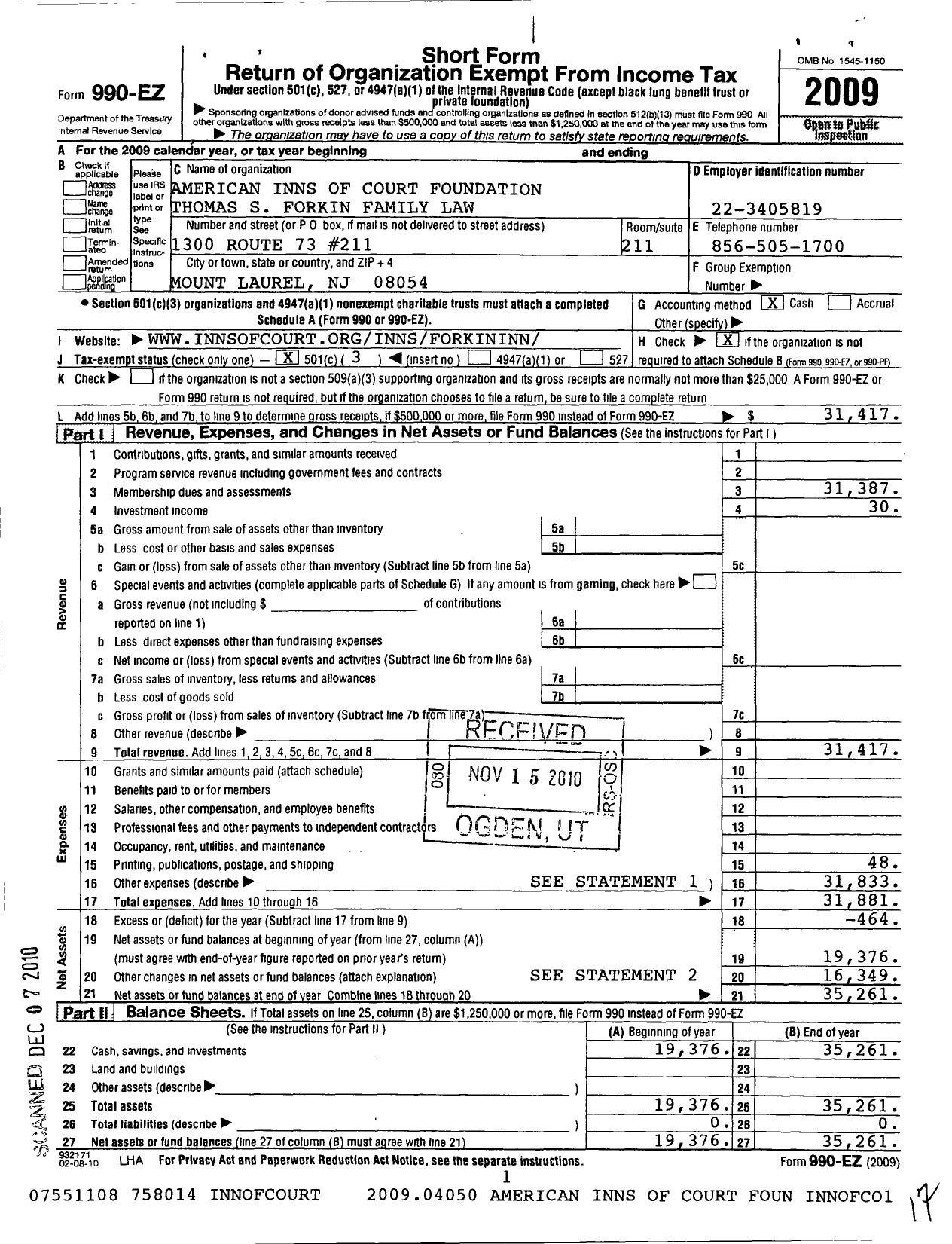 Image of first page of 2009 Form 990EZ for American Inns of Court Foundation - 30277 Thomas S Forkin Family Law Chapt