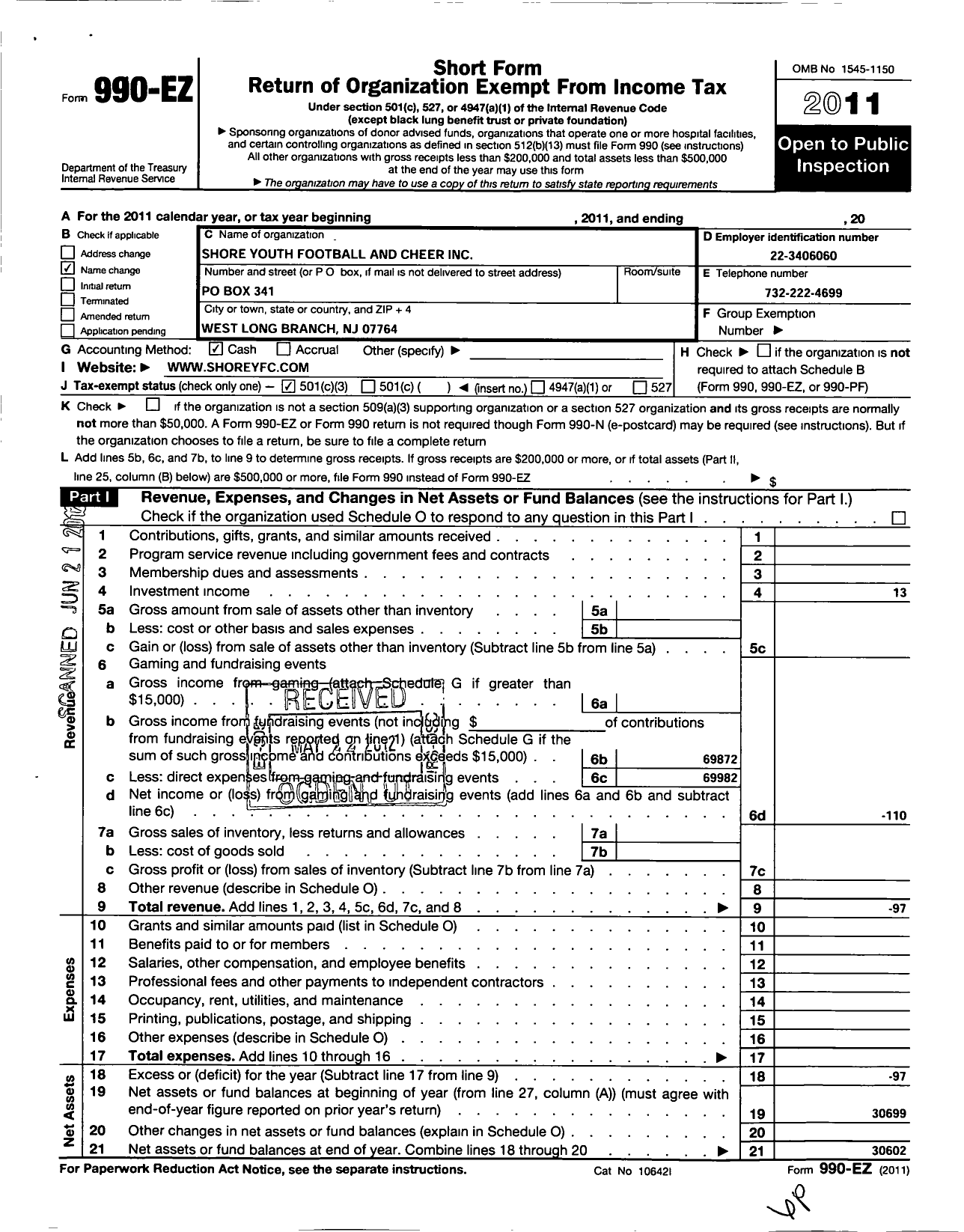 Image of first page of 2011 Form 990EZ for Pop Warner Little Scholars / Shore Youth Football and Cheer Inc