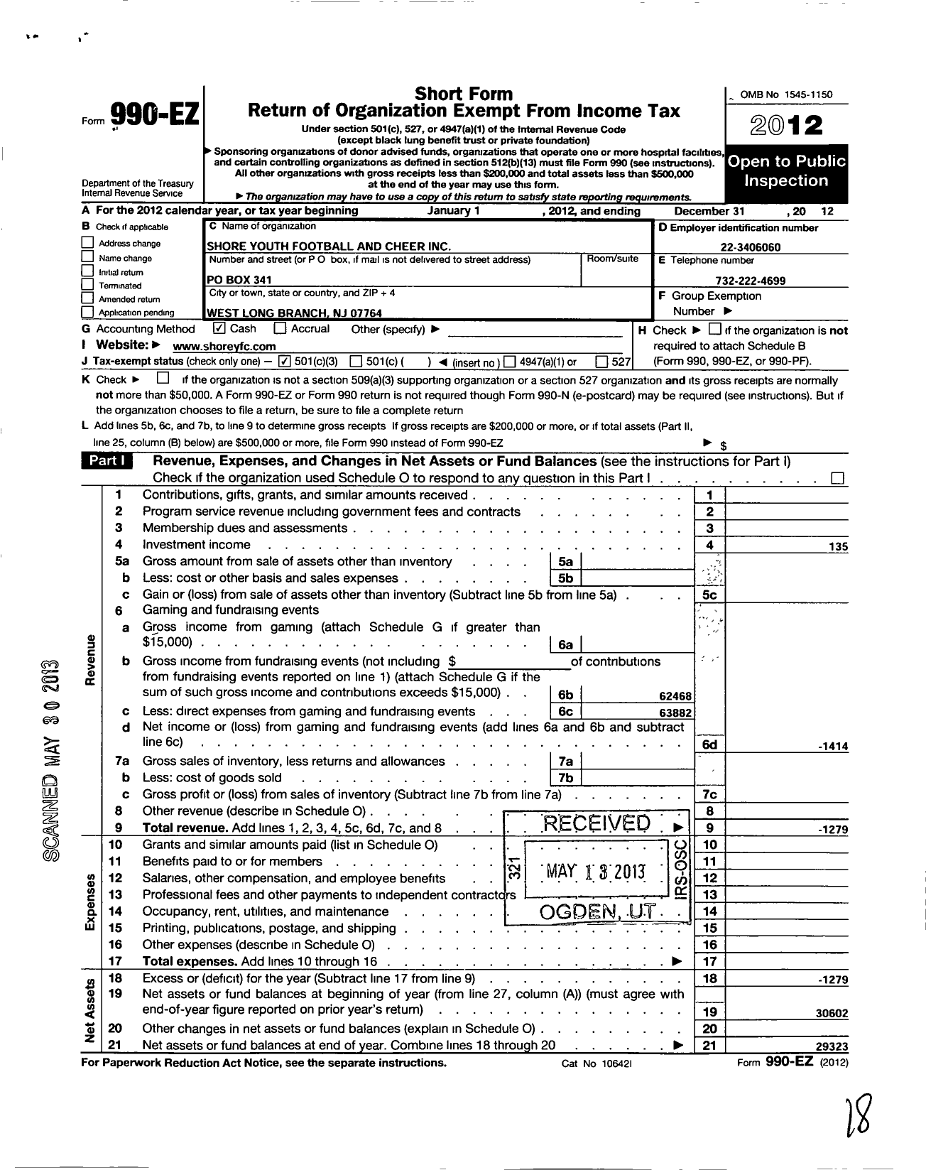 Image of first page of 2012 Form 990EZ for Pop Warner Little Scholars / Shore Youth Football and Cheer Inc