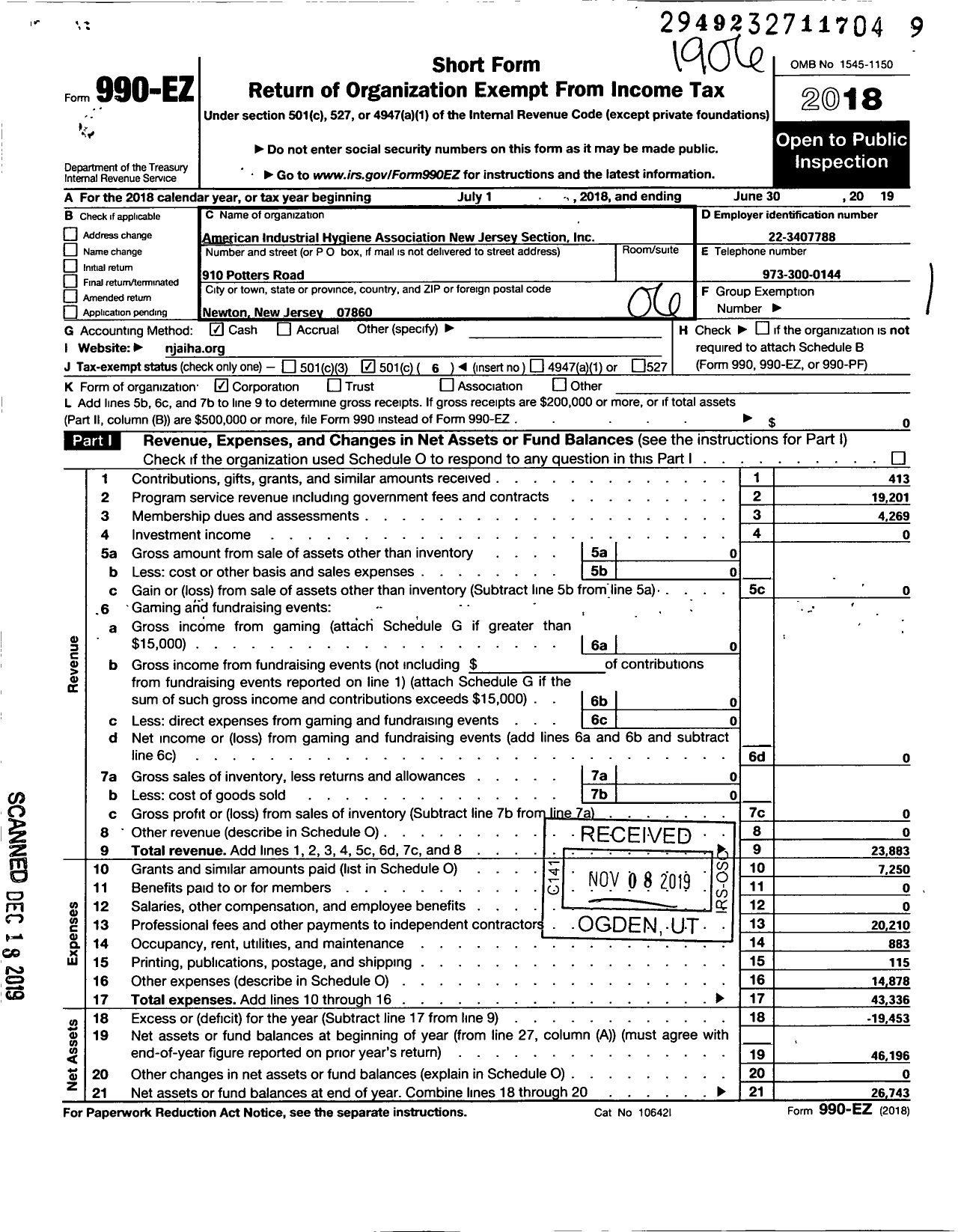 Image of first page of 2018 Form 990EO for American Industrial Hygiene Association / New Jersey