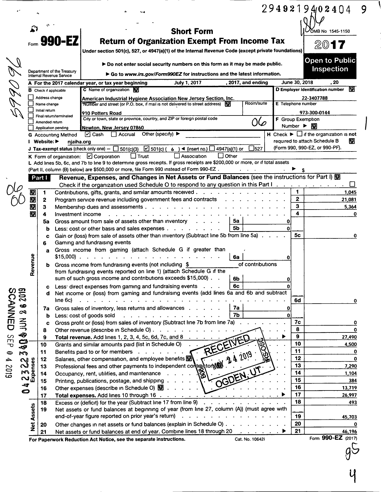 Image of first page of 2017 Form 990EO for American Industrial Hygiene Association / New Jersey