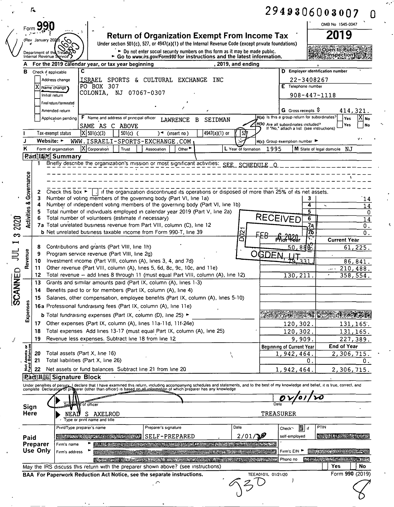 Image of first page of 2019 Form 990 for Strengthening Israel - Sports Cultu