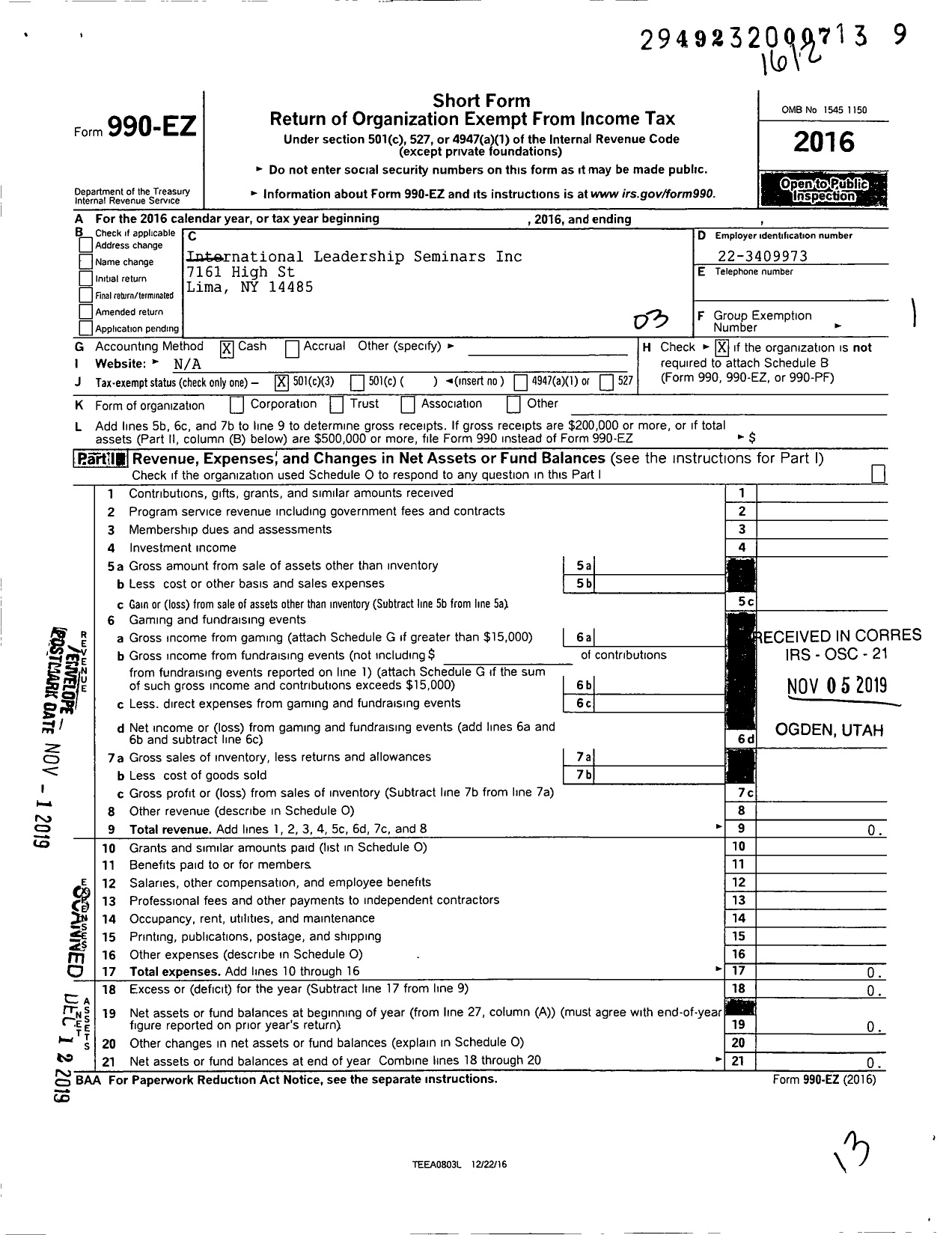 Image of first page of 2016 Form 990EZ for International Leadership Seminars