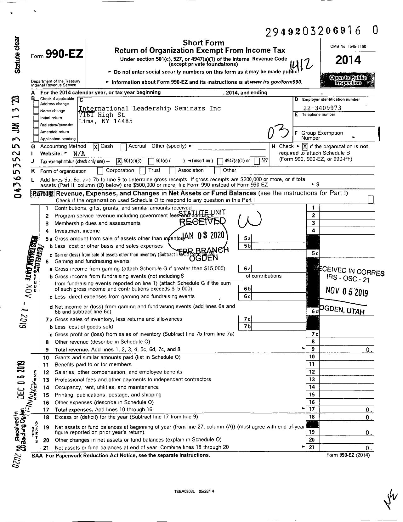 Image of first page of 2014 Form 990EZ for International Leadership Seminars