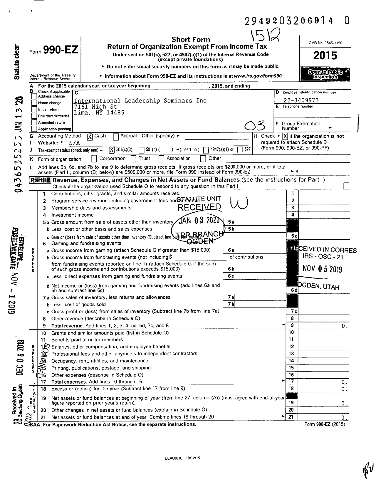 Image of first page of 2015 Form 990EZ for International Leadership Seminars