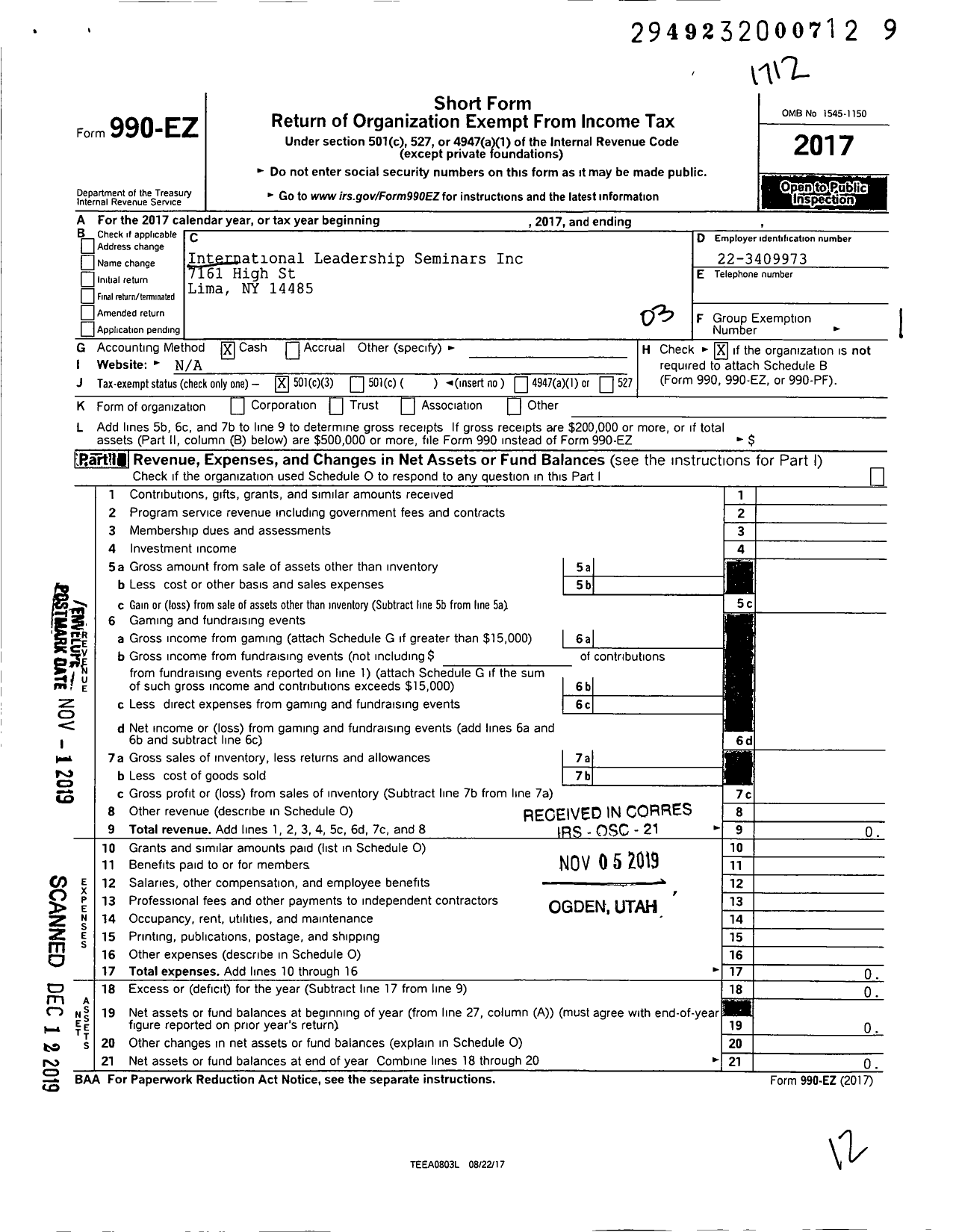 Image of first page of 2017 Form 990EZ for International Leadership Seminars