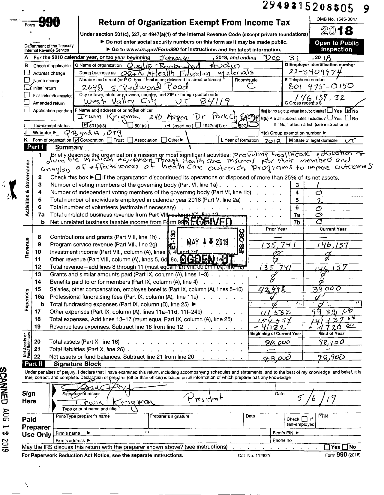 Image of first page of 2018 Form 990 for Qba Health Education Materials