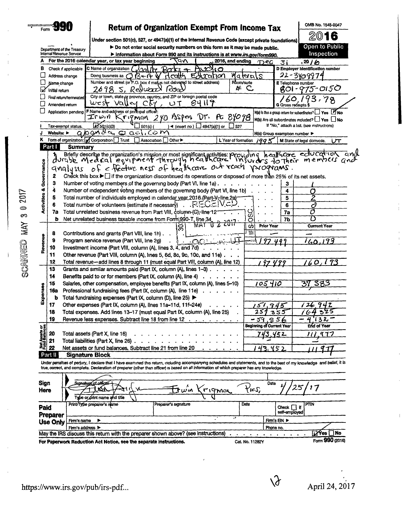 Image of first page of 2016 Form 990 for Qba Health Education Materials