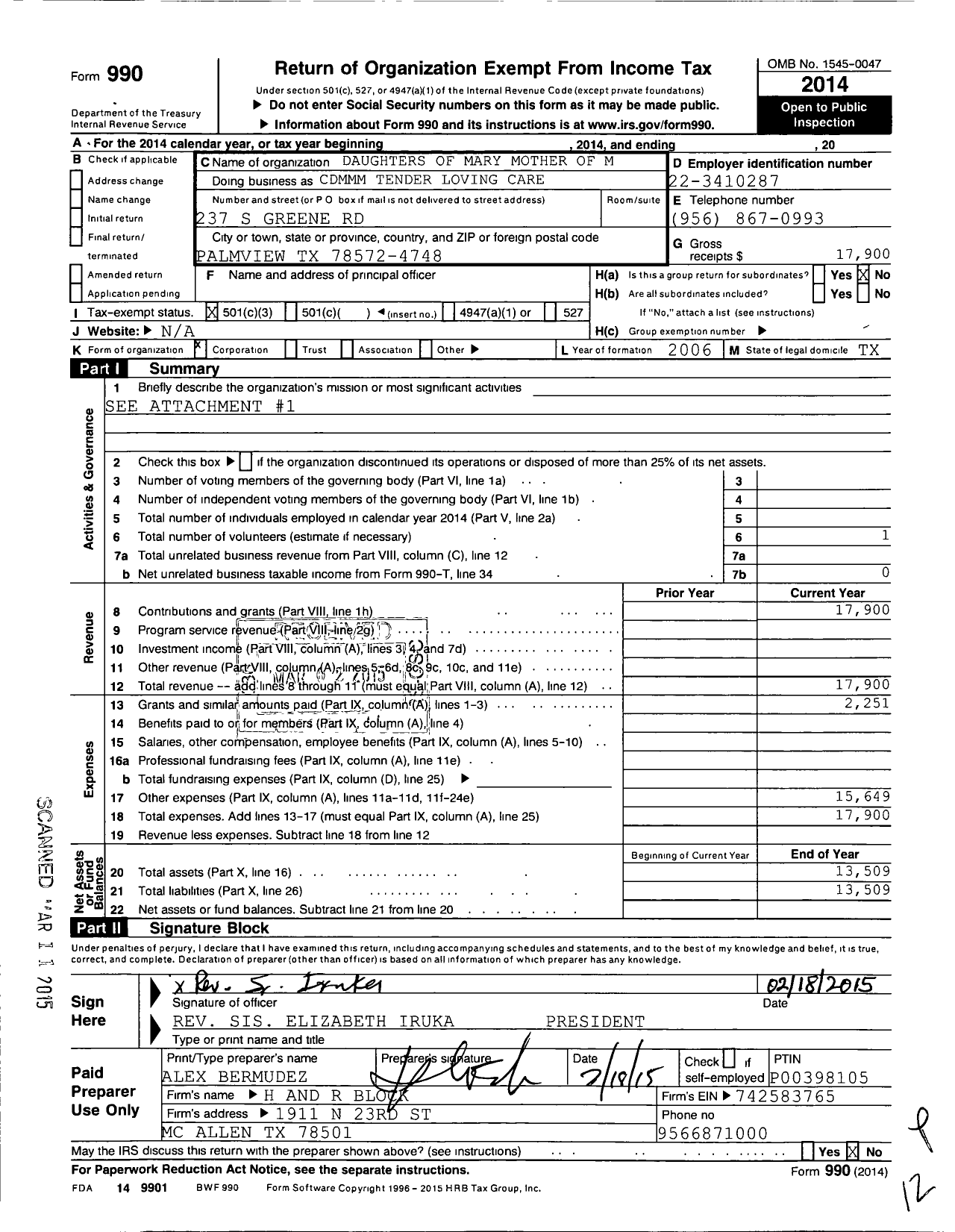 Image of first page of 2014 Form 990 for Daughters of Mary Mother of M