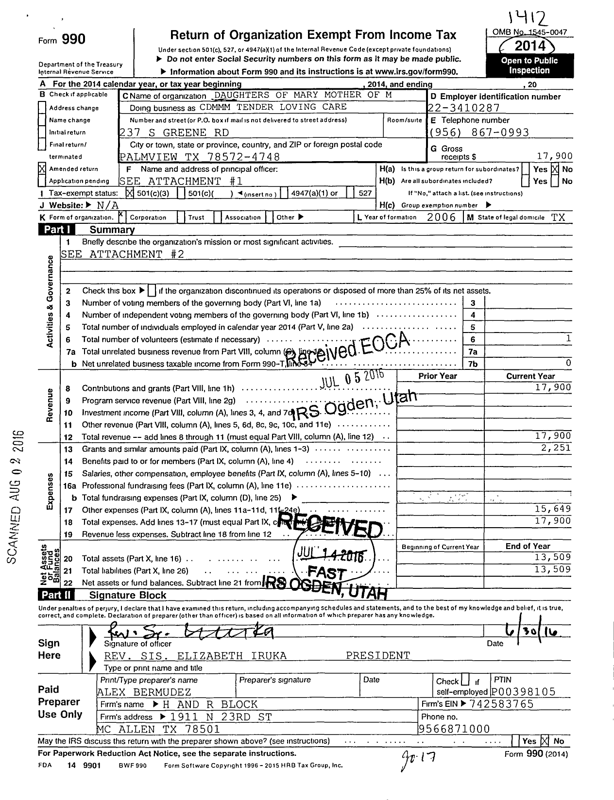 Image of first page of 2014 Form 990 for Daughters of Mary Mother of M