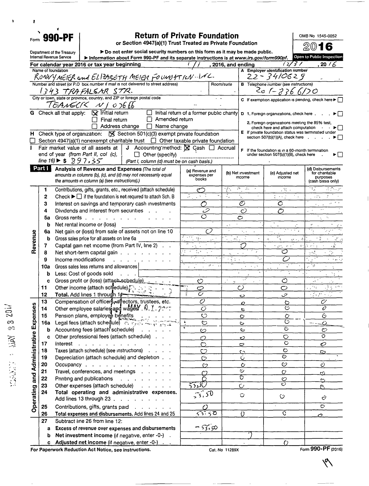 Image of first page of 2016 Form 990PF for Ronny and Elizabeth Meier Foundation