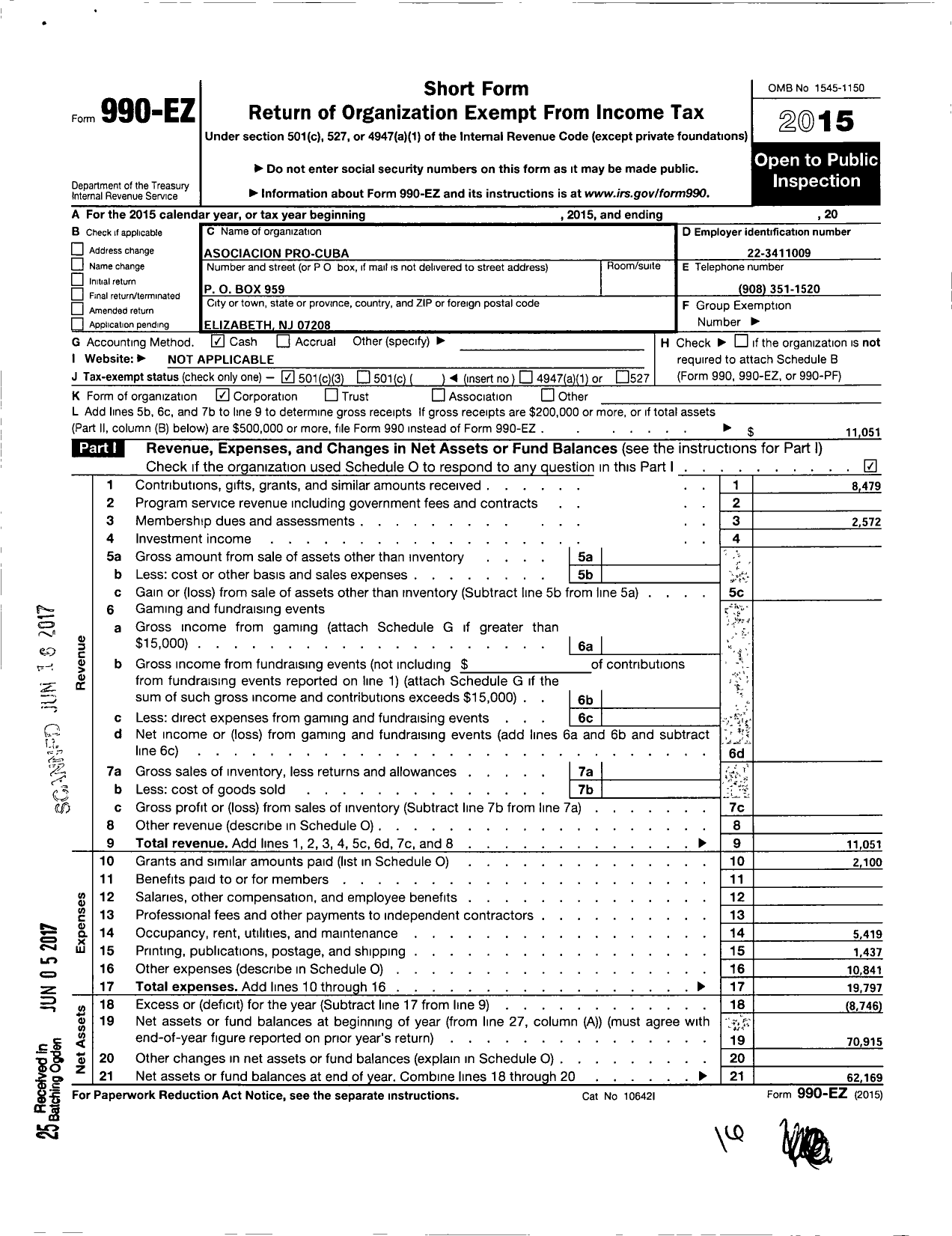 Image of first page of 2015 Form 990EZ for Asociacion Pro Cuba