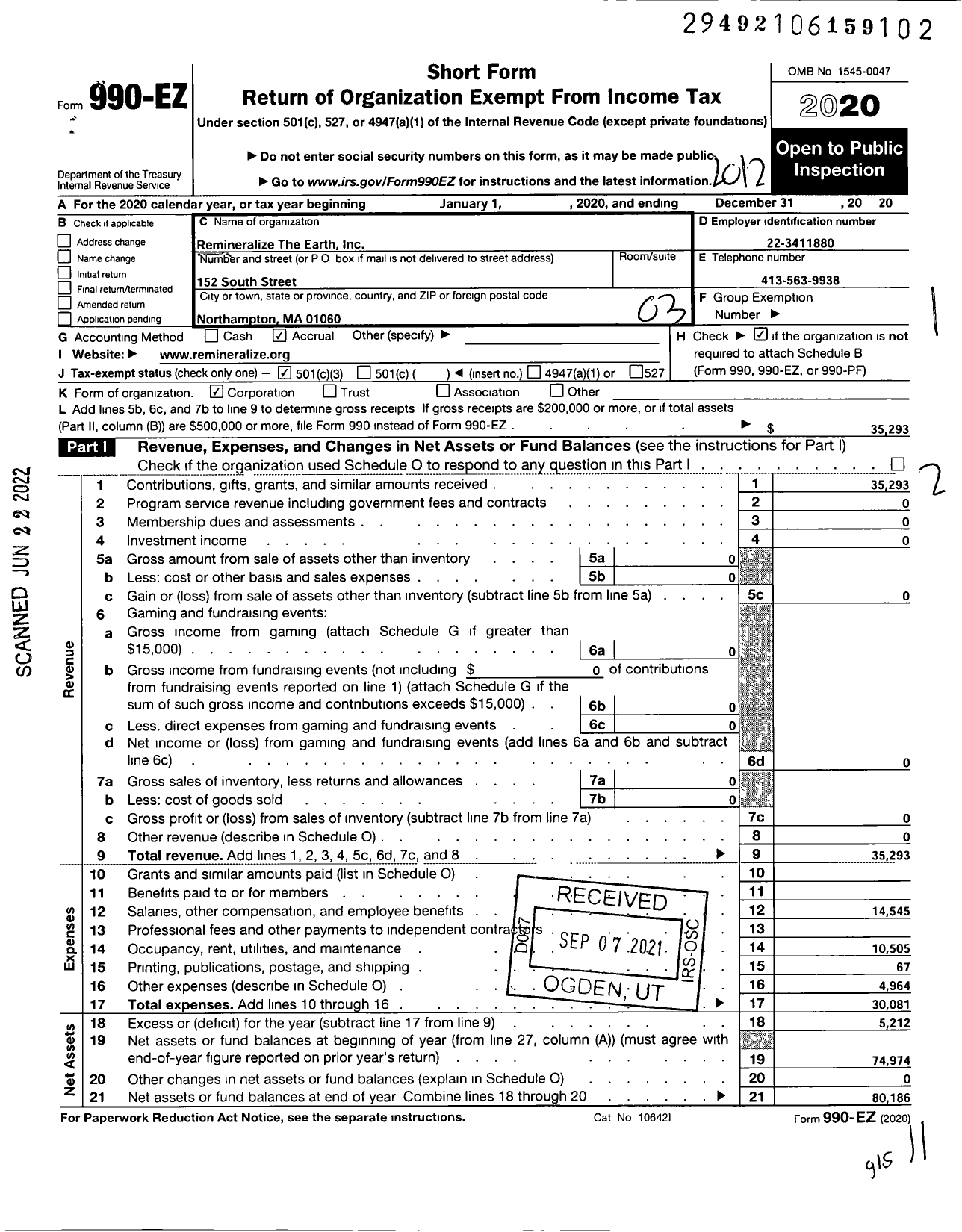 Image of first page of 2020 Form 990EZ for Remineralize the Earth