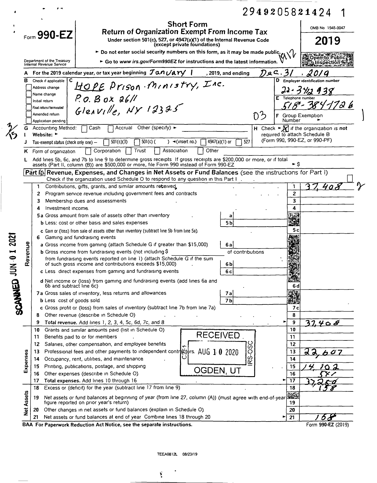 Image of first page of 2019 Form 990EZ for Hope Prison Ministry