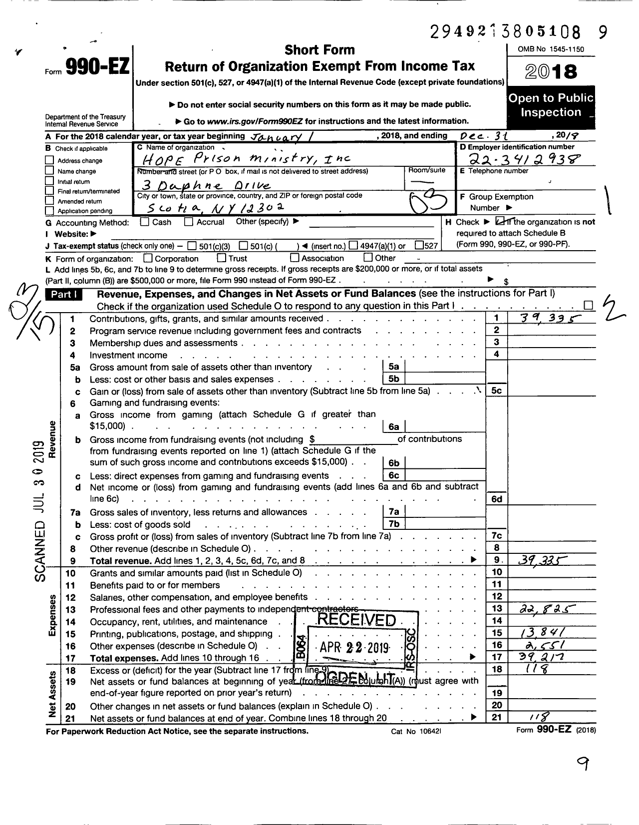 Image of first page of 2018 Form 990EZ for Hope Prison Ministry