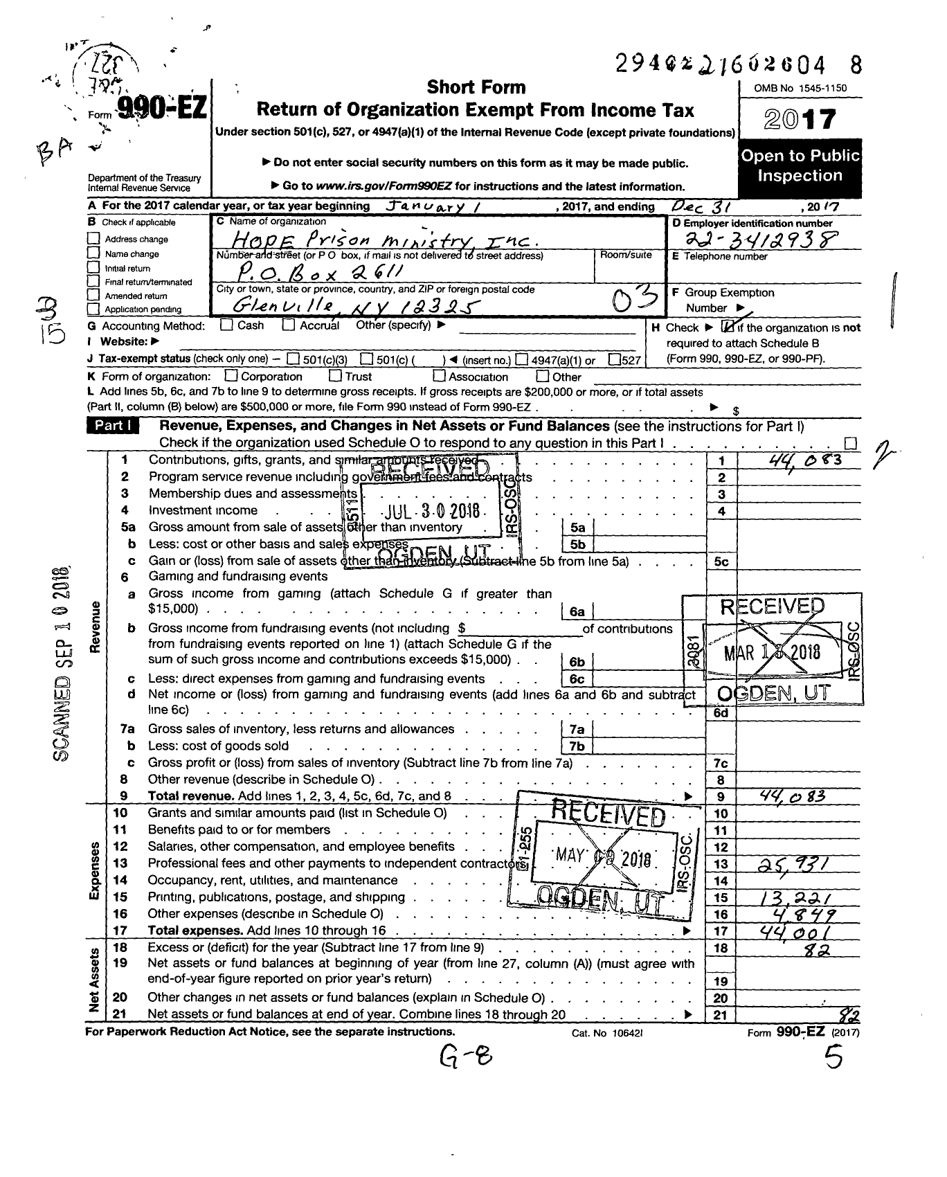 Image of first page of 2017 Form 990EZ for Hope Prison Ministry