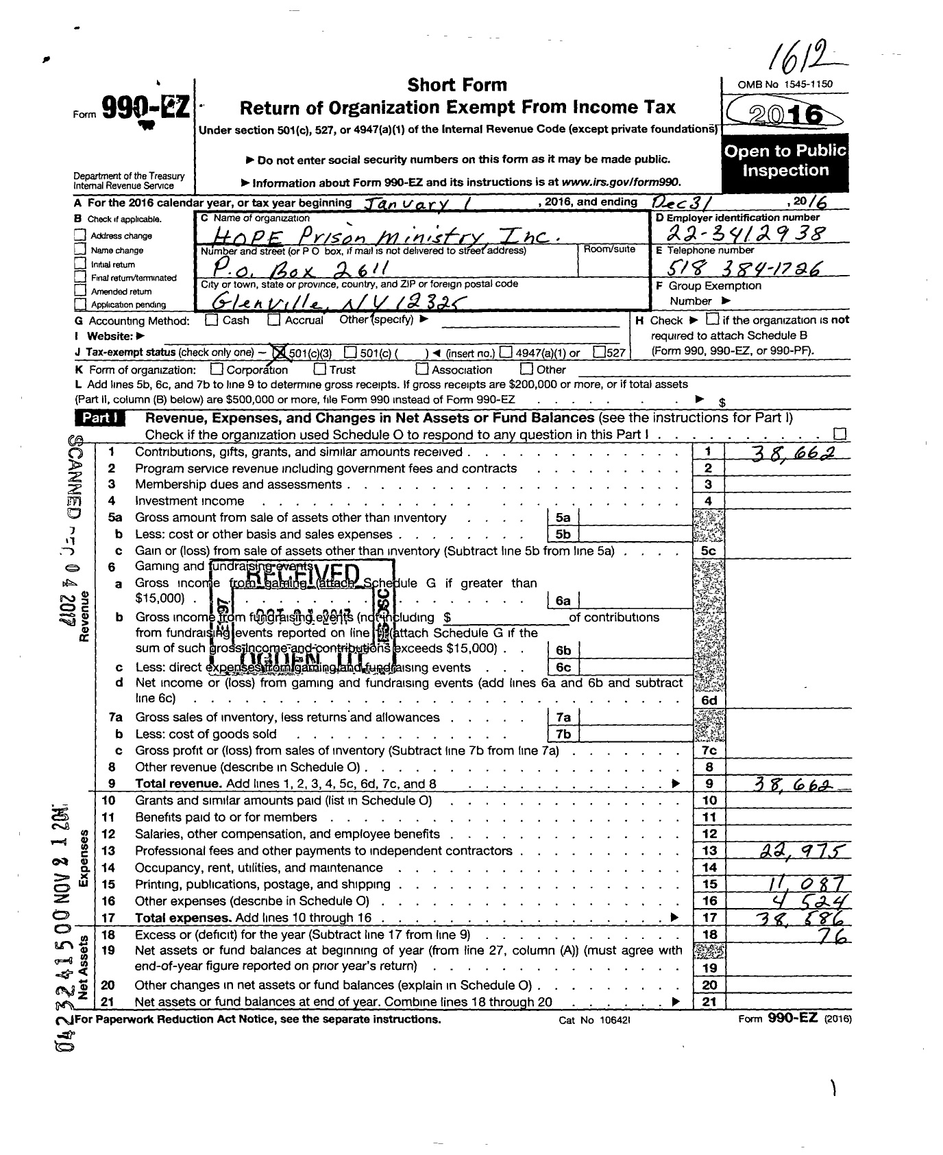 Image of first page of 2016 Form 990EZ for Hope Prison Ministry