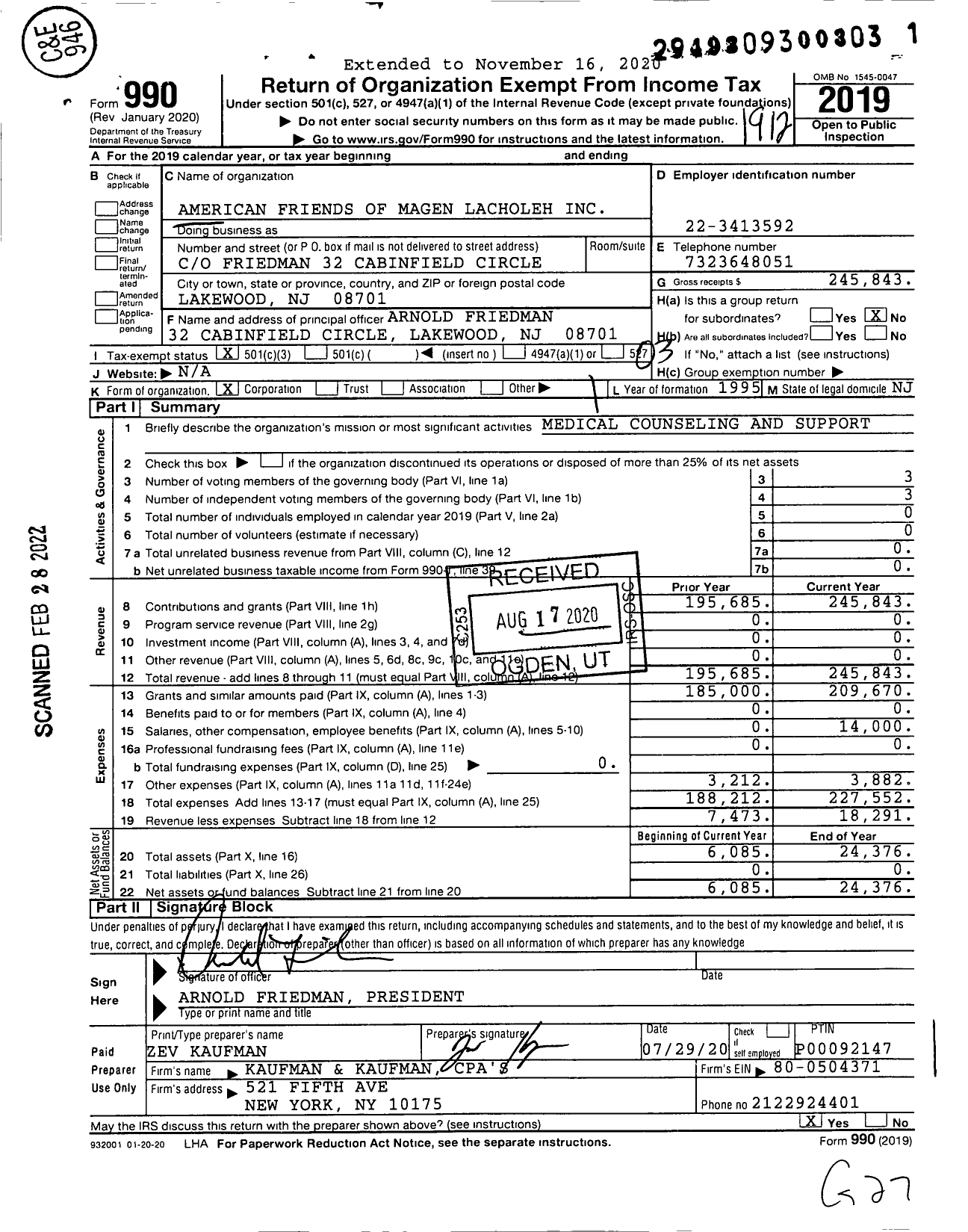 Image of first page of 2019 Form 990 for American Friends of Magen Lacholeh