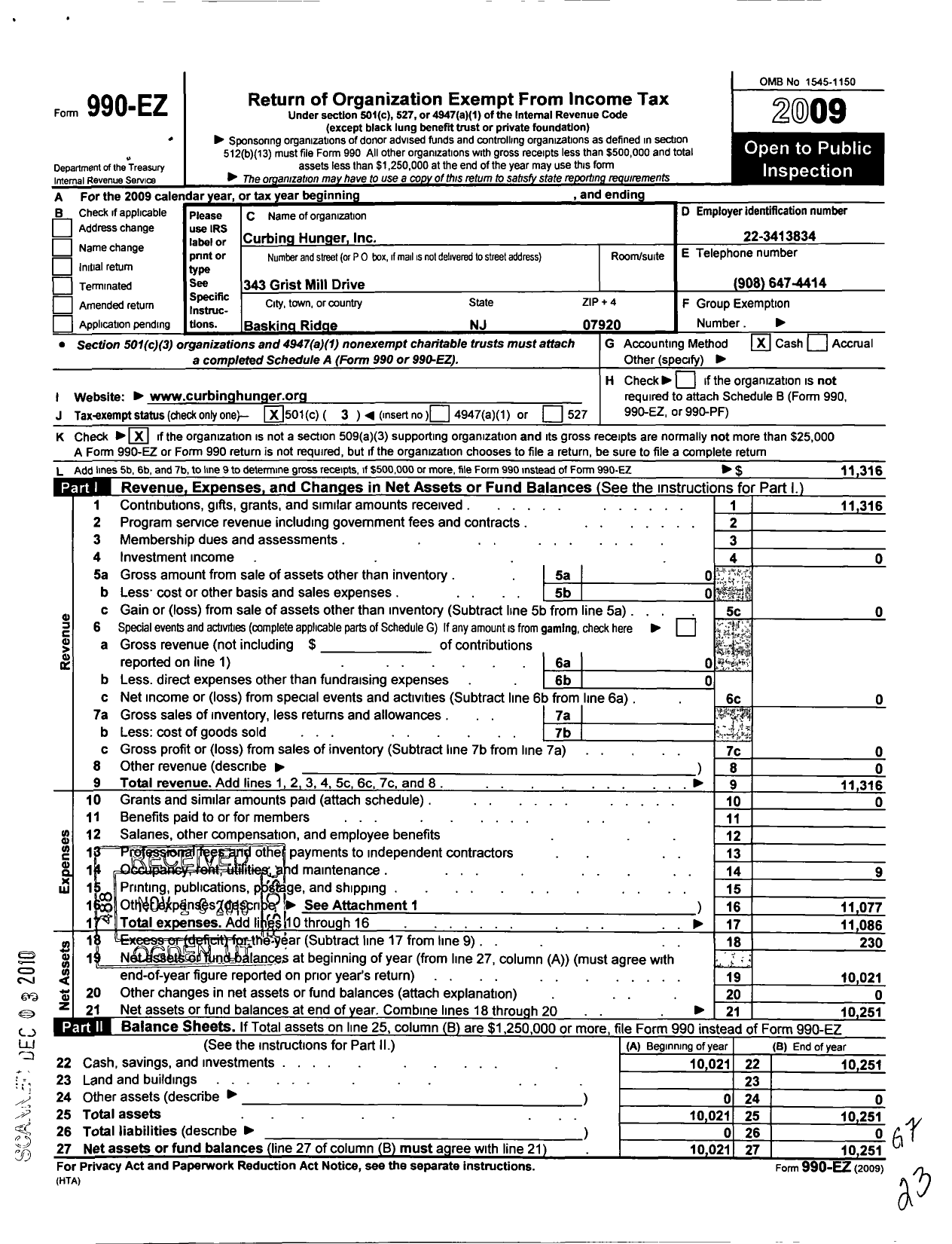 Image of first page of 2009 Form 990EZ for Curbing Hunger