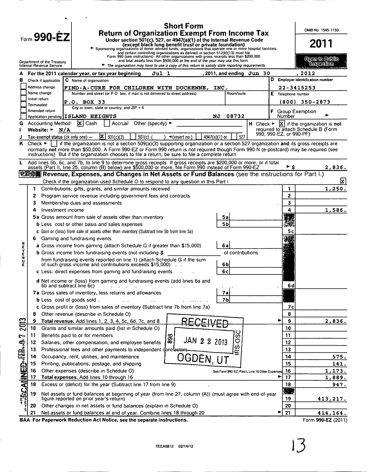 Image of first page of 2011 Form 990EZ for Find-A-Cure for Children with Duchenne