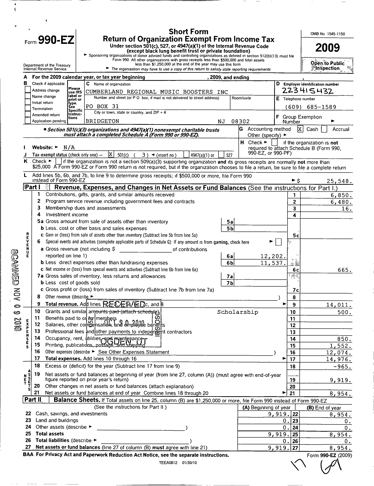 Image of first page of 2009 Form 990EZ for Cumberland Regional Music Boosters