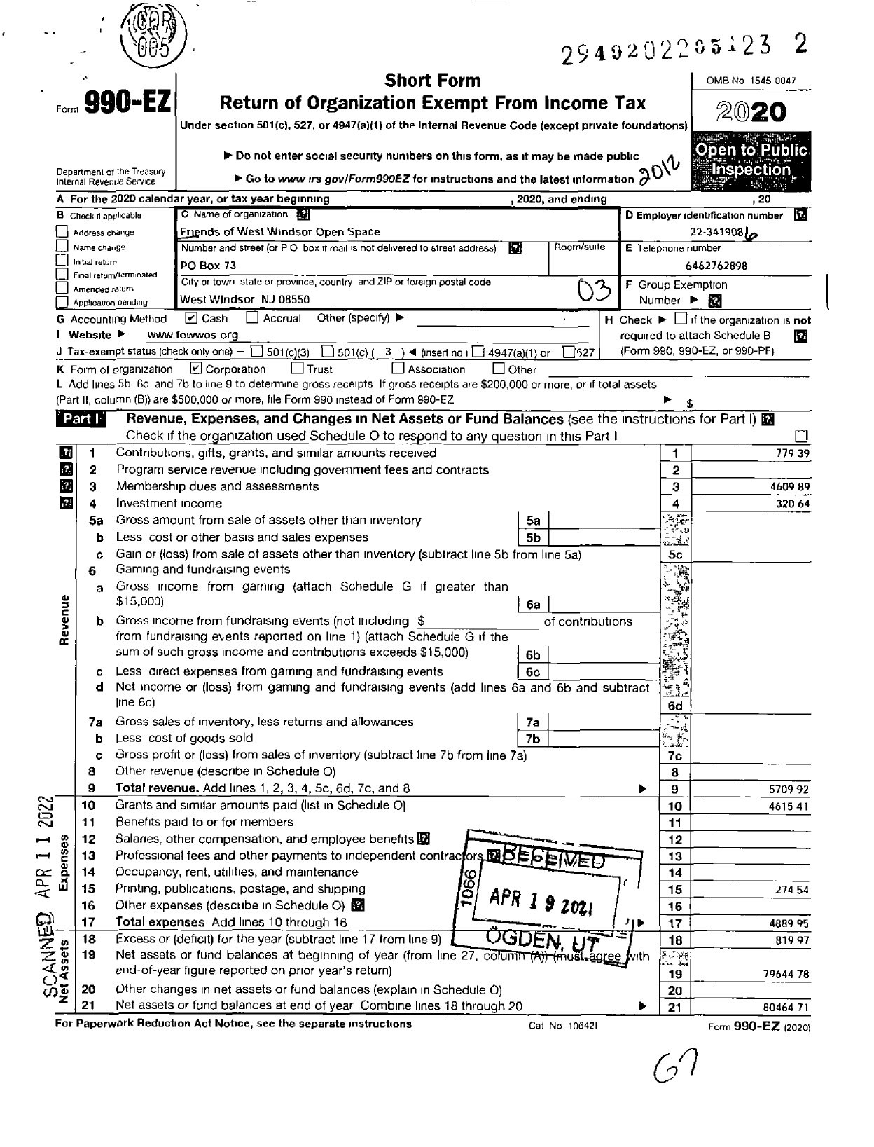 Image of first page of 2020 Form 990EZ for Friends of West Windsor Open Space