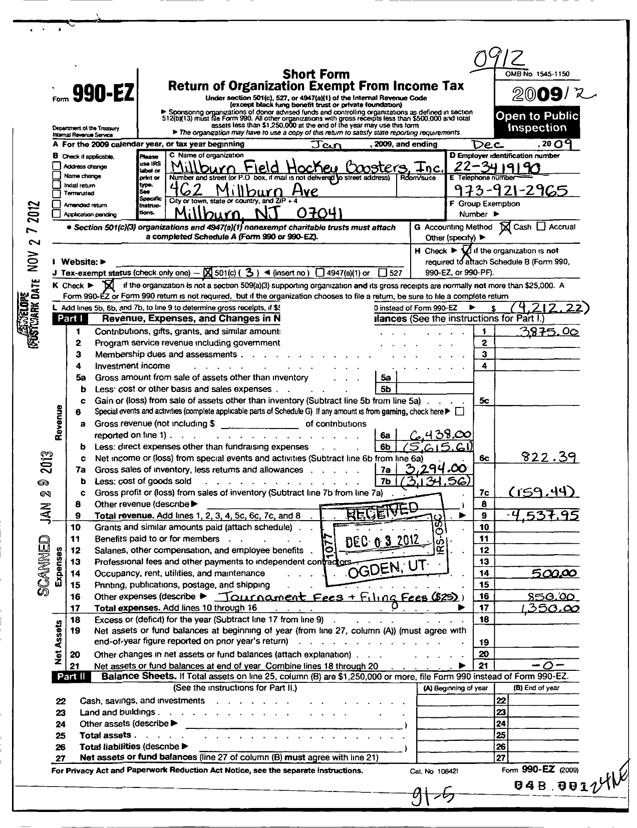 Image of first page of 2009 Form 990EZ for Millburn Scholastic Sports Boosters