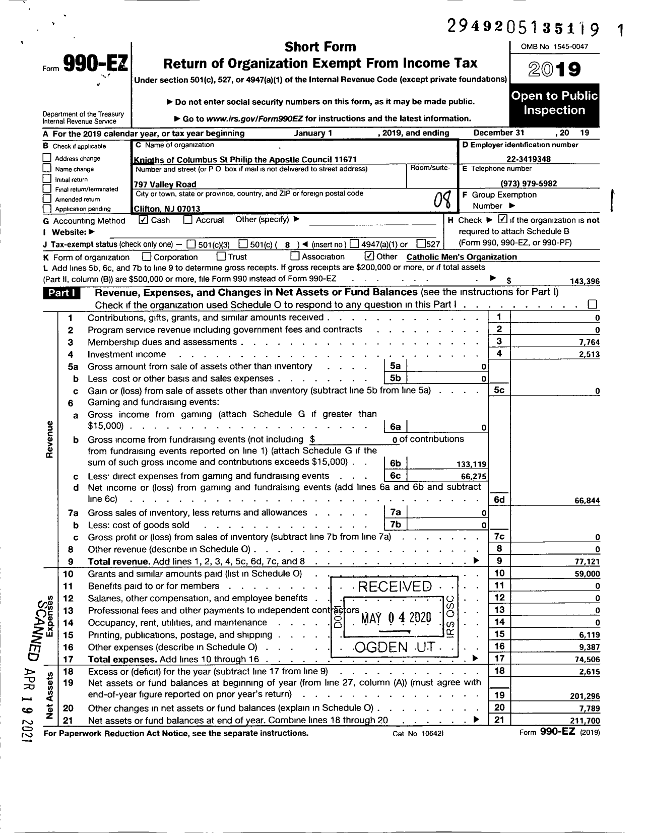 Image of first page of 2019 Form 990EO for Knights of Columbus - 11671 St Philip the Apostle