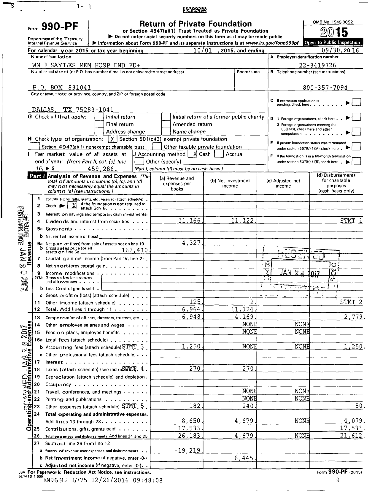Image of first page of 2015 Form 990PF for WM F Sayles Memorial Hospital End Fund