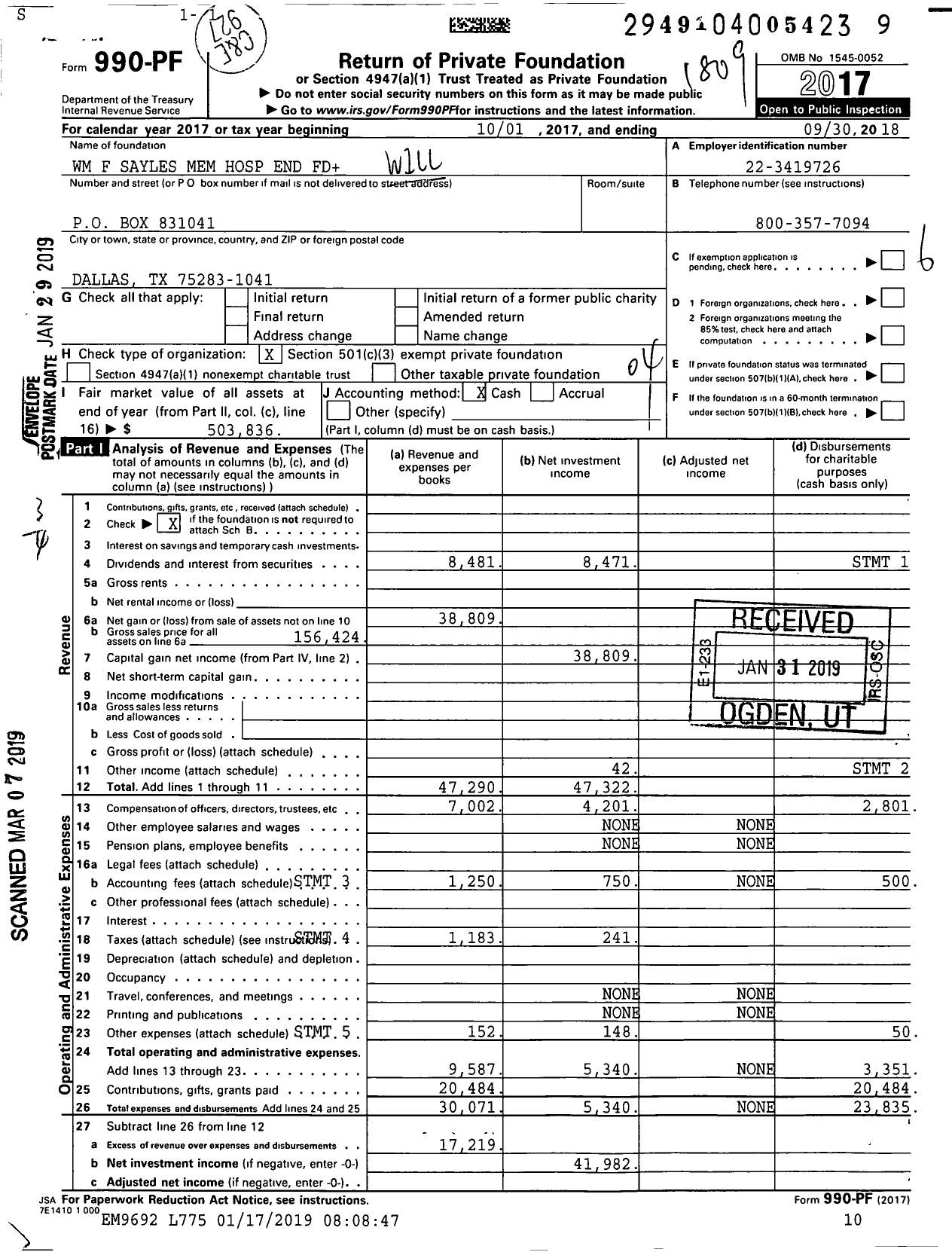 Image of first page of 2017 Form 990PF for WM F Sayles Memorial Hospital End Fund